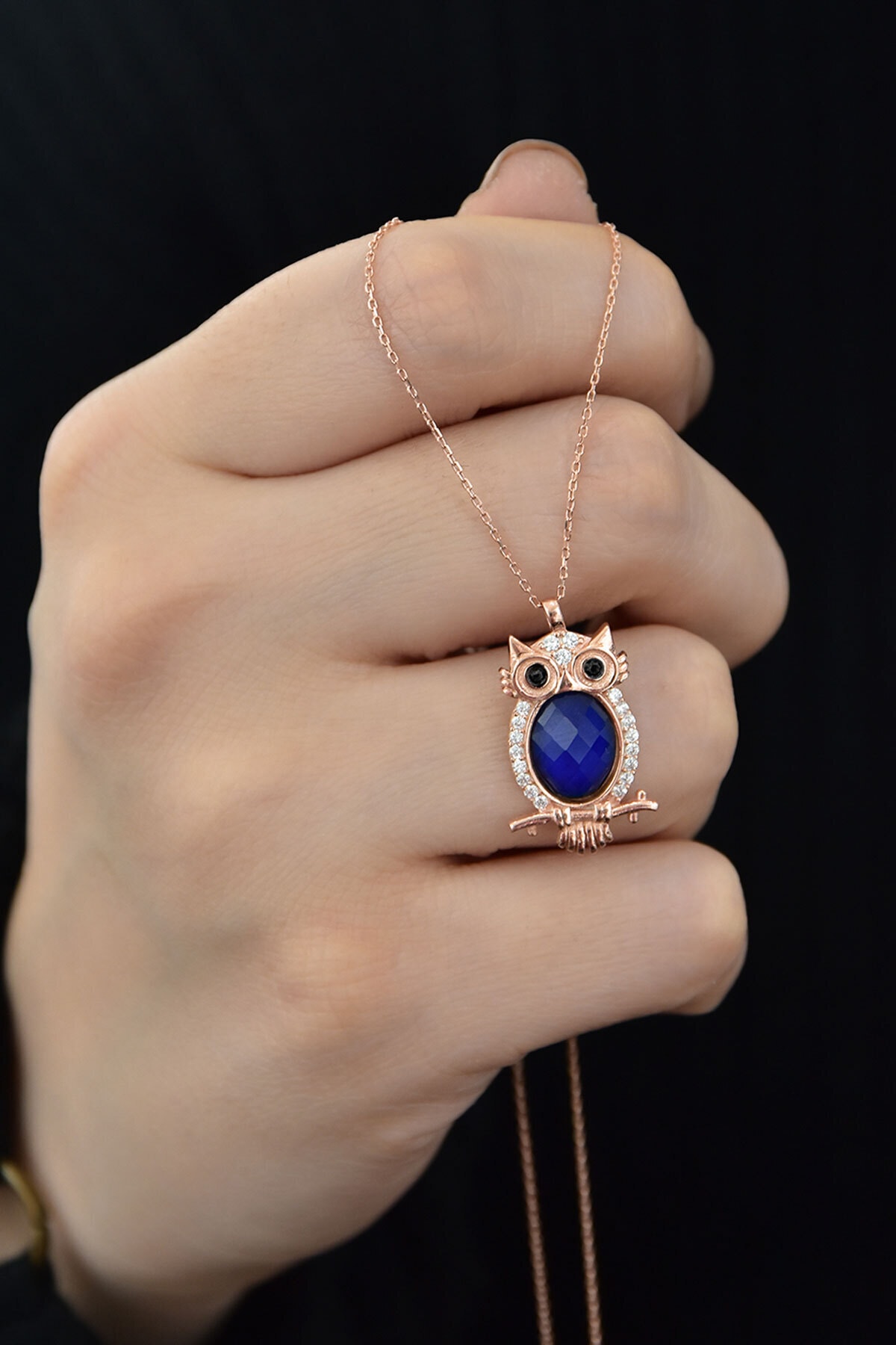 925 Ayar Gümüş Rose Altın Kaplama Siyah Göz His Taşı Baykuş Kolye