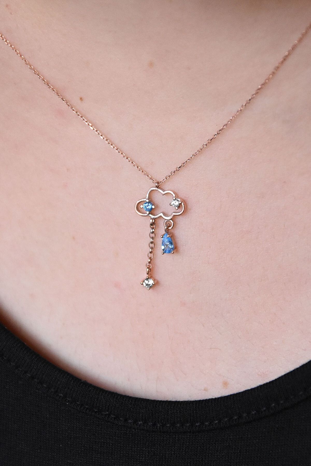 925 Ayar Gümüş Rose Altın Kaplama Yağmur Bulut Kolye