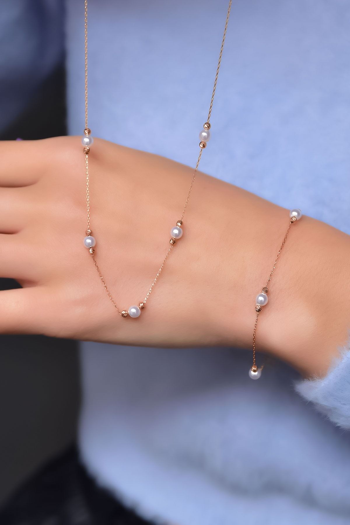 925 Ayar Gümüş Rose Dorika Toplu Incili Kolye Bileklik Set