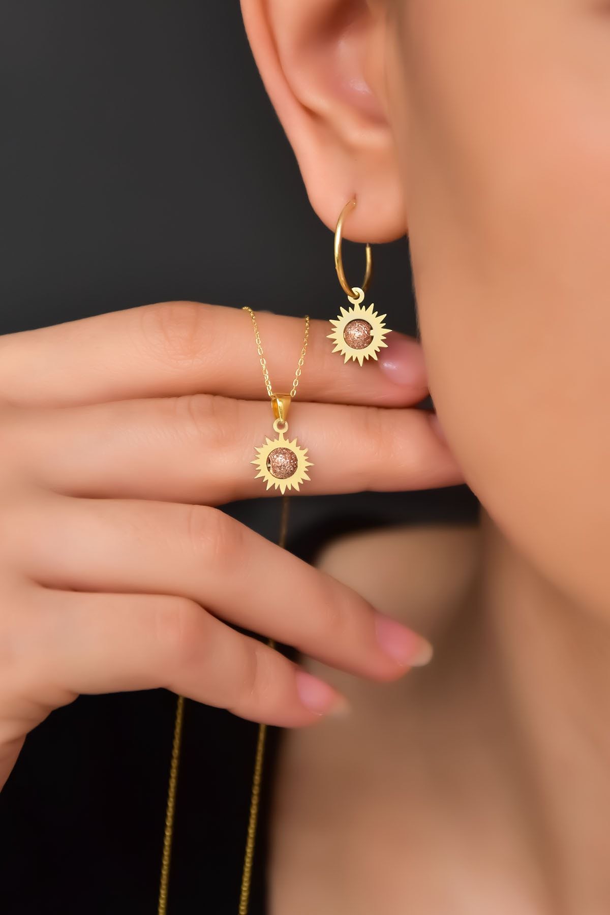 925 Ayar Gümüş Rose-gold Kaplama Sim Toplu Kesim Güneş Kolye Ve Küpe Set