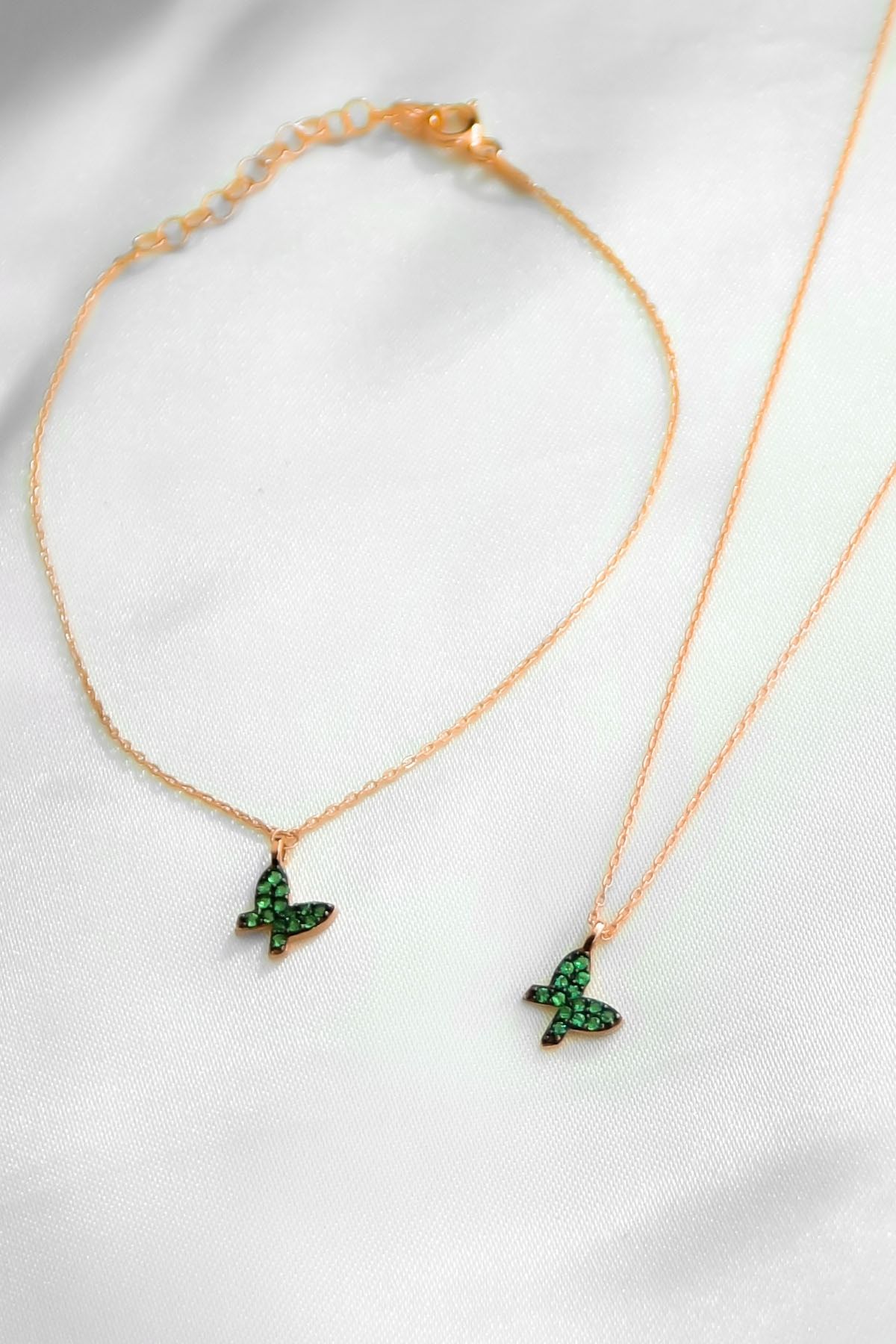 925 Ayar Gümüş Rose,Gold.Rodaj. Doğum Ayı Taşlı Kelebek Kolye Bileklik Set