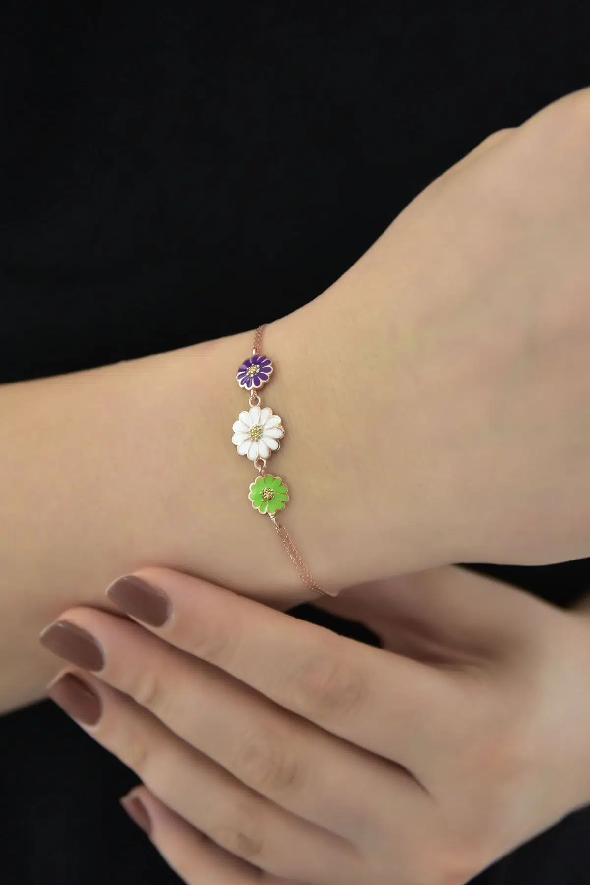 925 Ayar Gümüş 3 Renk Mineli Papatya Bileklik.rose.gold.rodaj