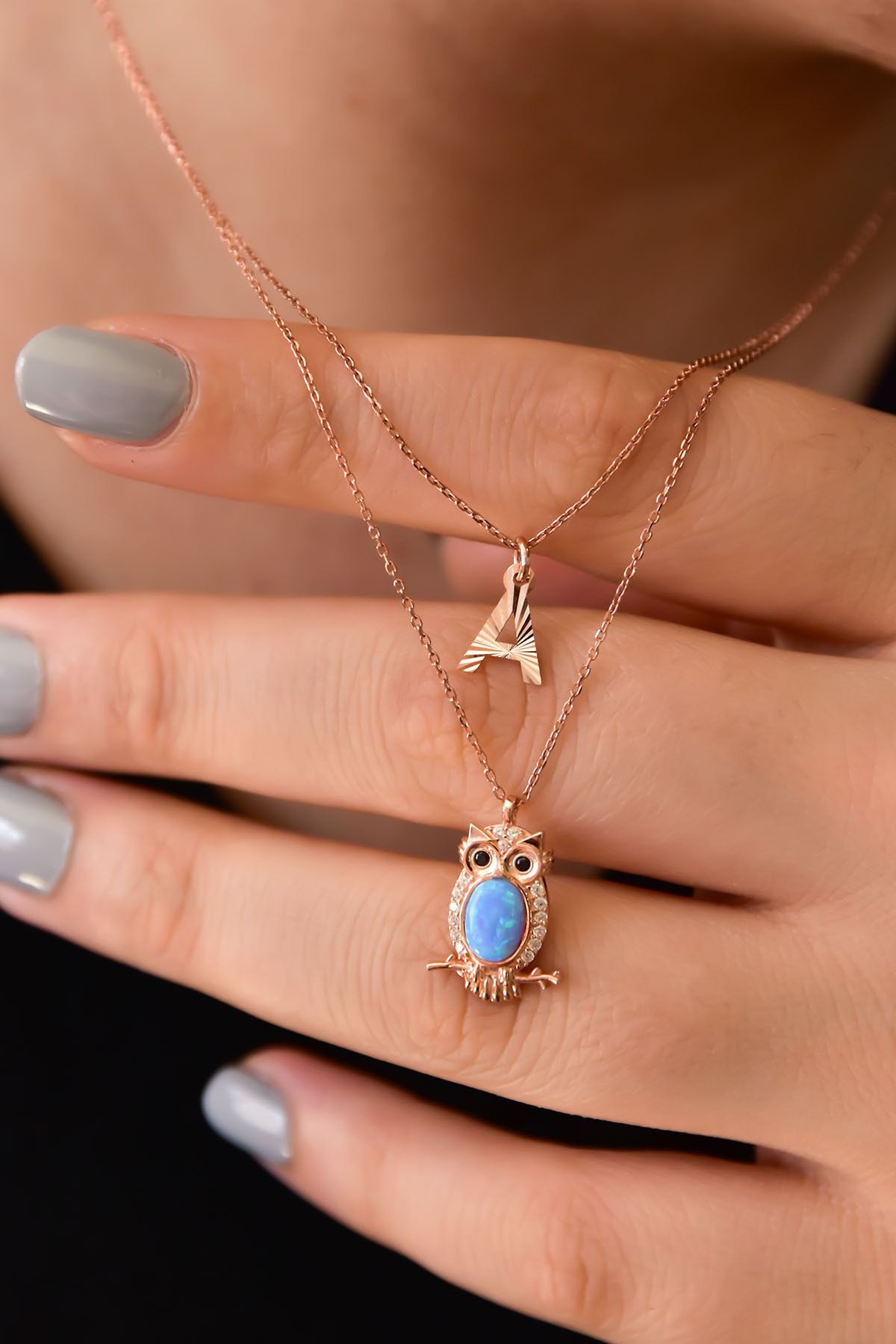 925 Ayar Gümüş Rose Kaplama A Harf Ve Opal Taşlı Baykuş Asansörlü Kolye