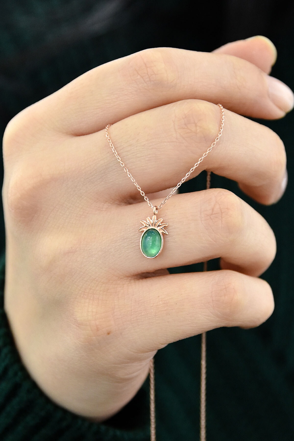 925 Ayar Gümüş Rose Kaplama Akik Taşlı Ananas Kolye