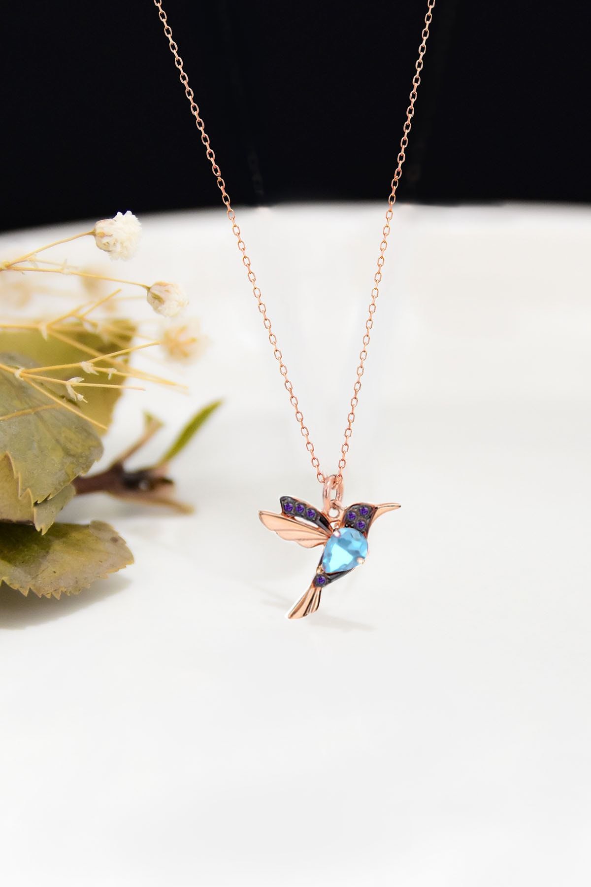 925 Ayar Gümüş Rose Kaplama Akua Mor Taşlı Kuş Kolye