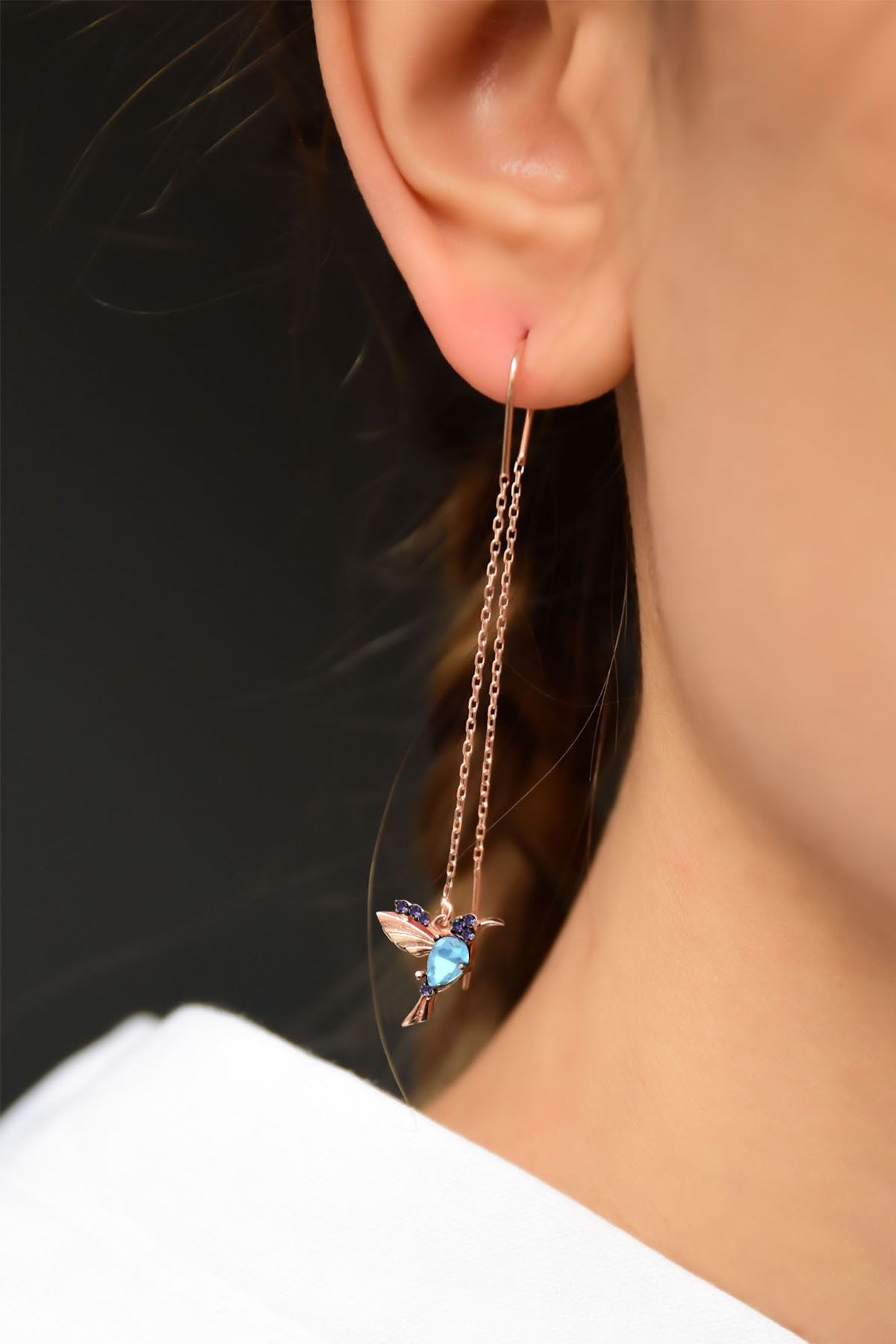 925 Ayar Gümüş Rose Kaplama Akua Mor Taşlı Zincir Kuş Küpe