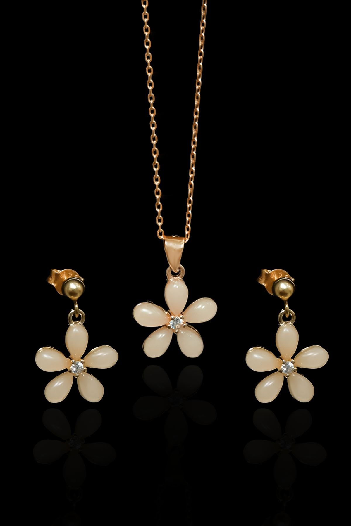 925 Ayar Gümüş Rose Kaplama Ay Taşı Yasemin Çiçeği Kolye Ve Küpe