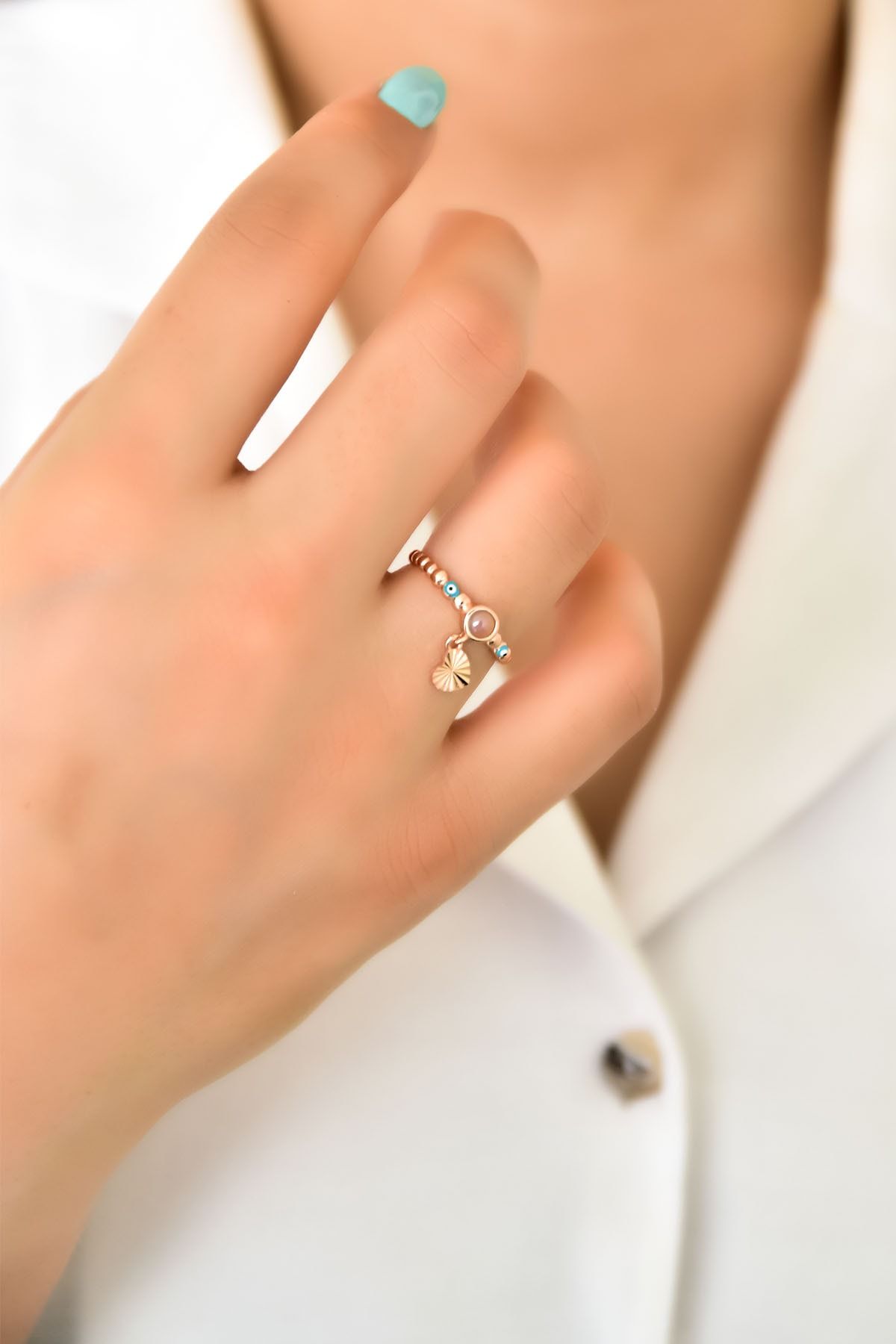 925 Ayar Gümüş Rose Kaplama Ay Taşlı Kalp Motifli Mineli Gözlü Ayarlanabilir Kadın Yüzük