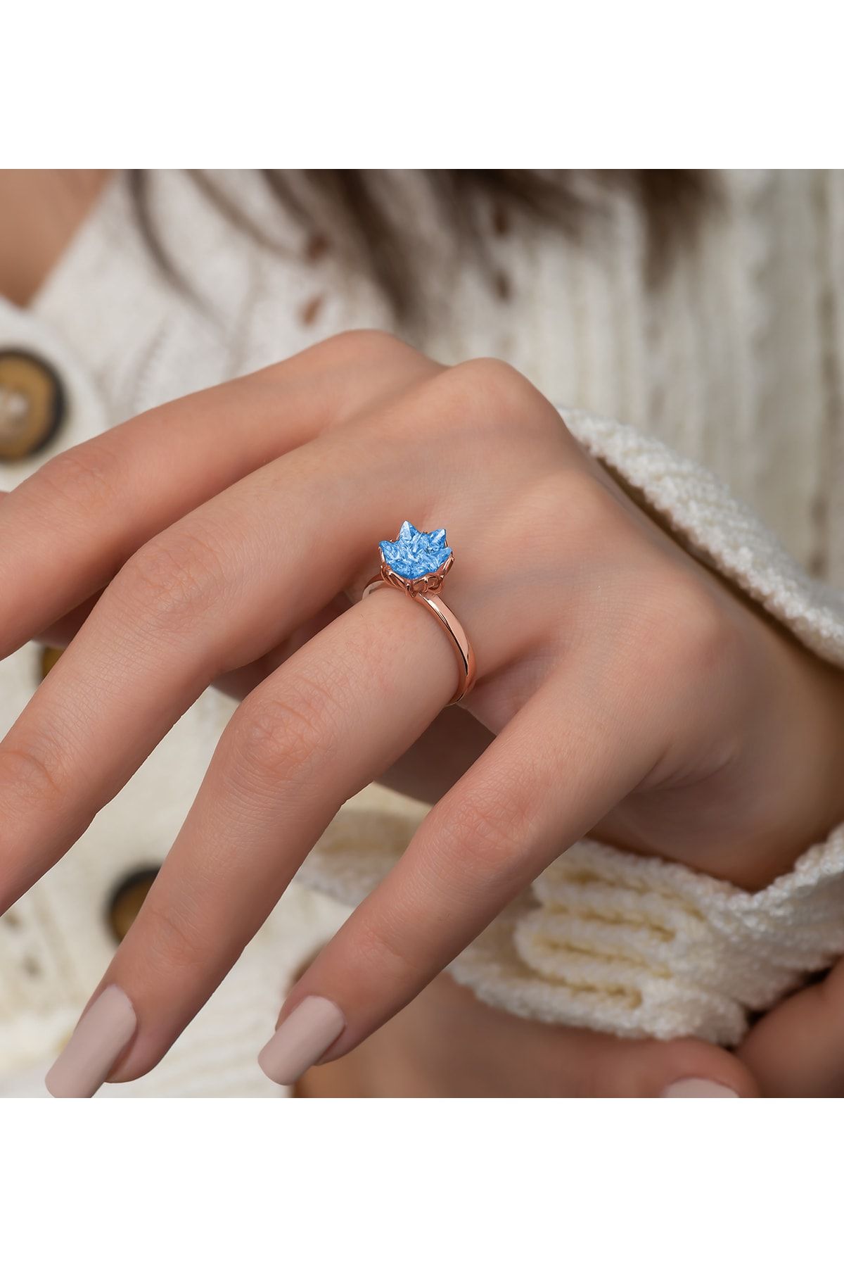 925 Ayar Gümüş Rose Kaplama Ayarlanabilir Akuamarin Lotus Çiçeği Yüzük