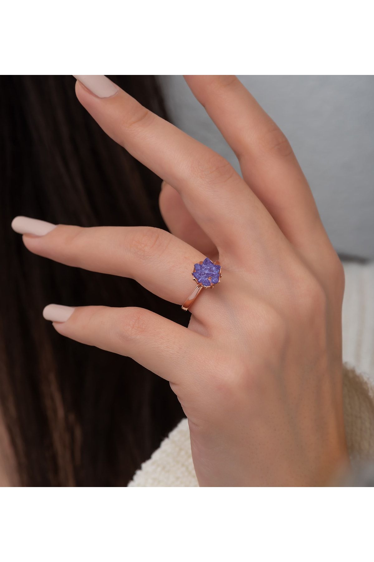 925 Ayar Gümüş Rose Kaplama Ayarlanabilir Ametist Lotus Çiçeği Yüzük