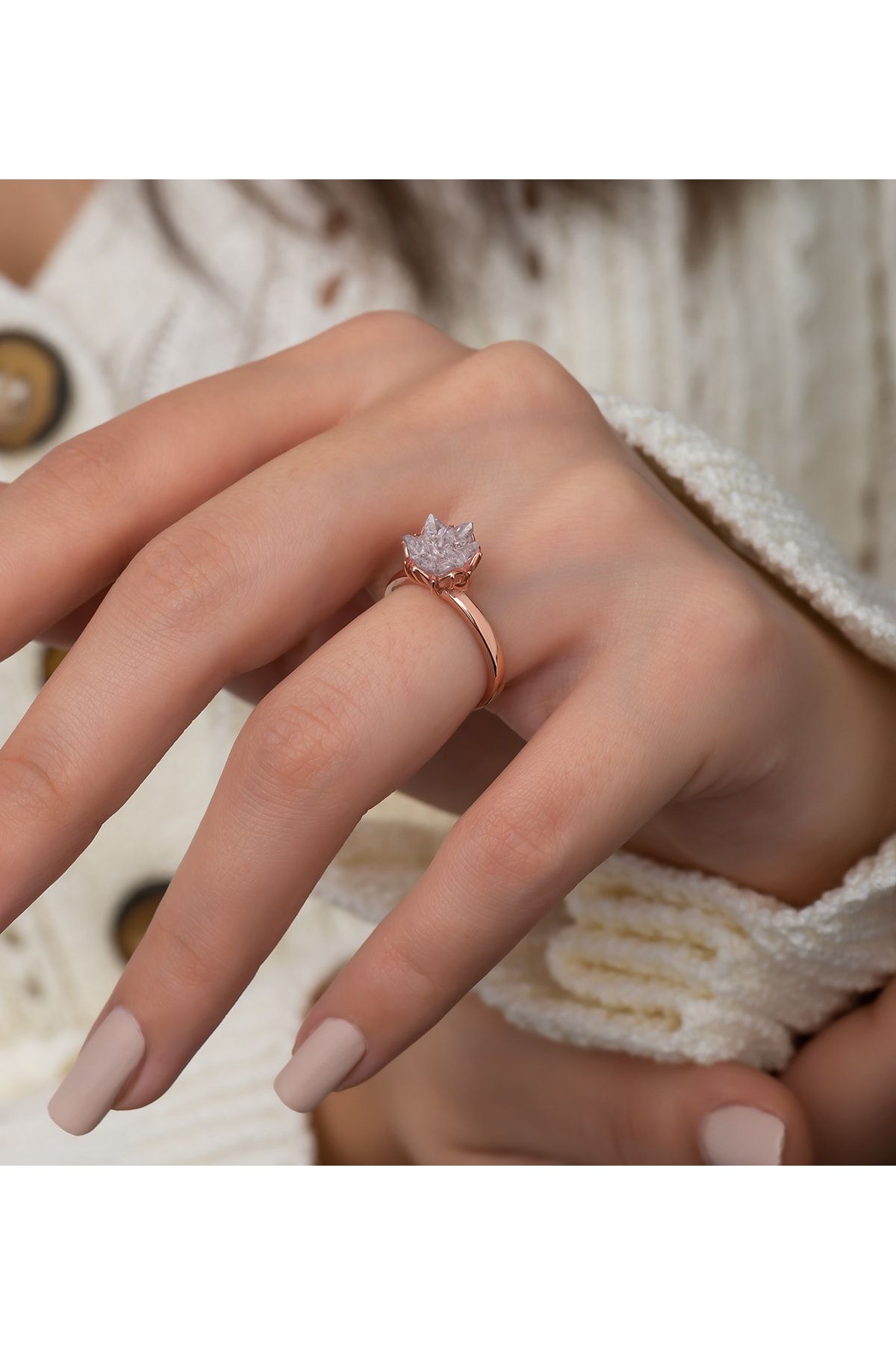 925 Ayar Gümüş Rose Kaplama Ayarlanabilir Beyaz Lotus Çiçeği Yüzük