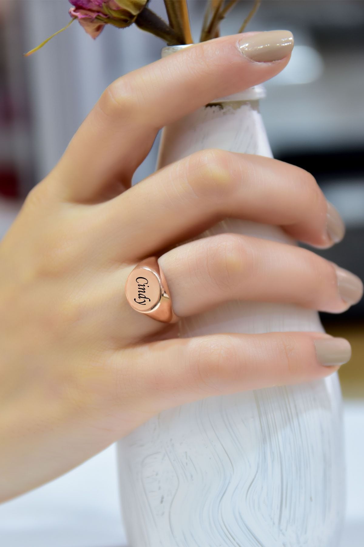 925 Ayar Gümüş Rose Kaplama Ayarlanabilir Isimli Şovalye Yüzük