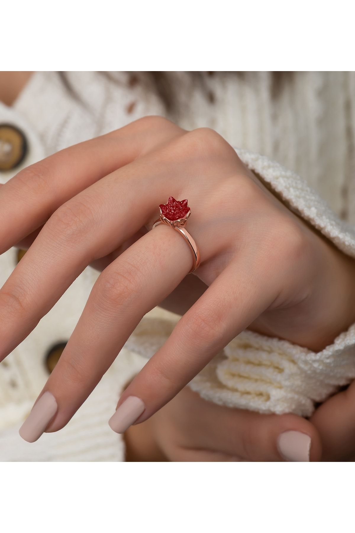 925 Ayar Gümüş Rose Kaplama Ayarlanabilir Kırmızı Lotus Çiçeği Yüzük