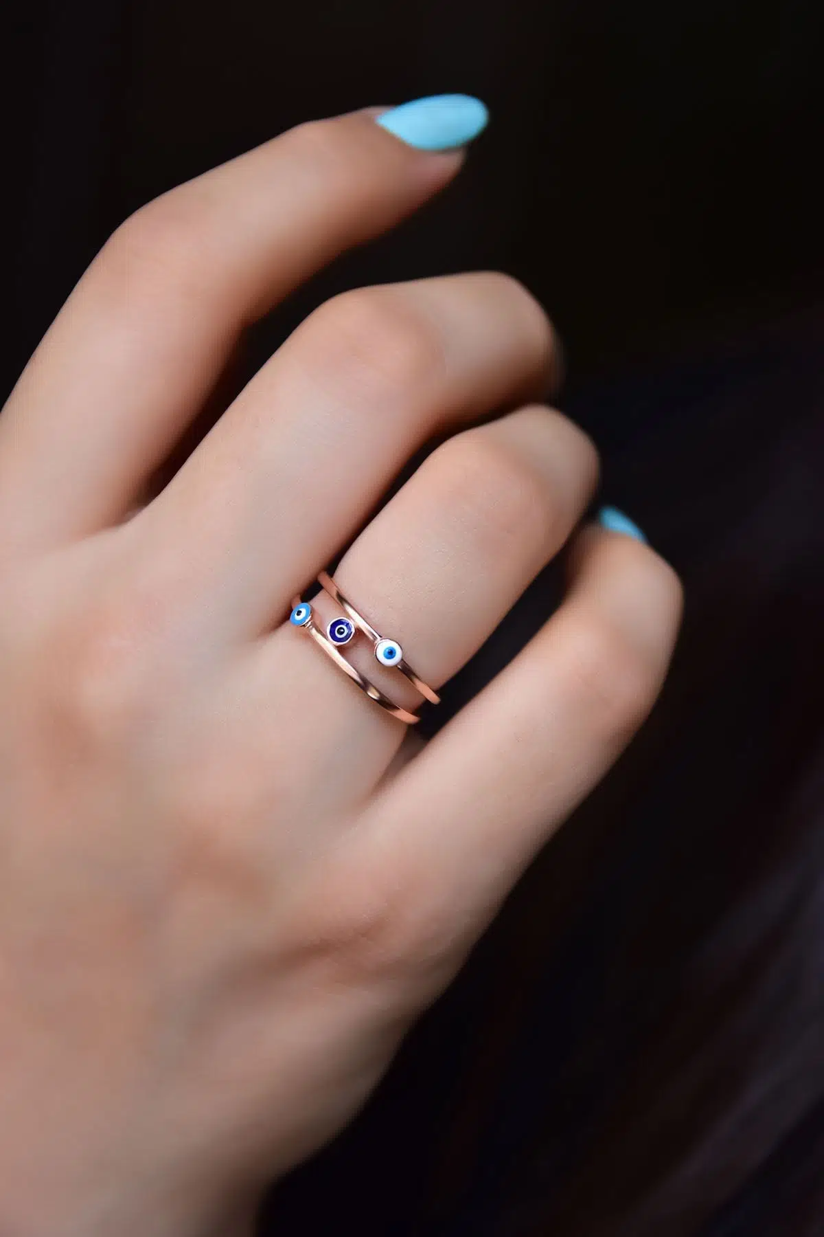 925 Ayar Gümüş Ayarlanabilir Mineli Nazar Göz Çift Sıralı Yüzük.rose.gold.rodaj