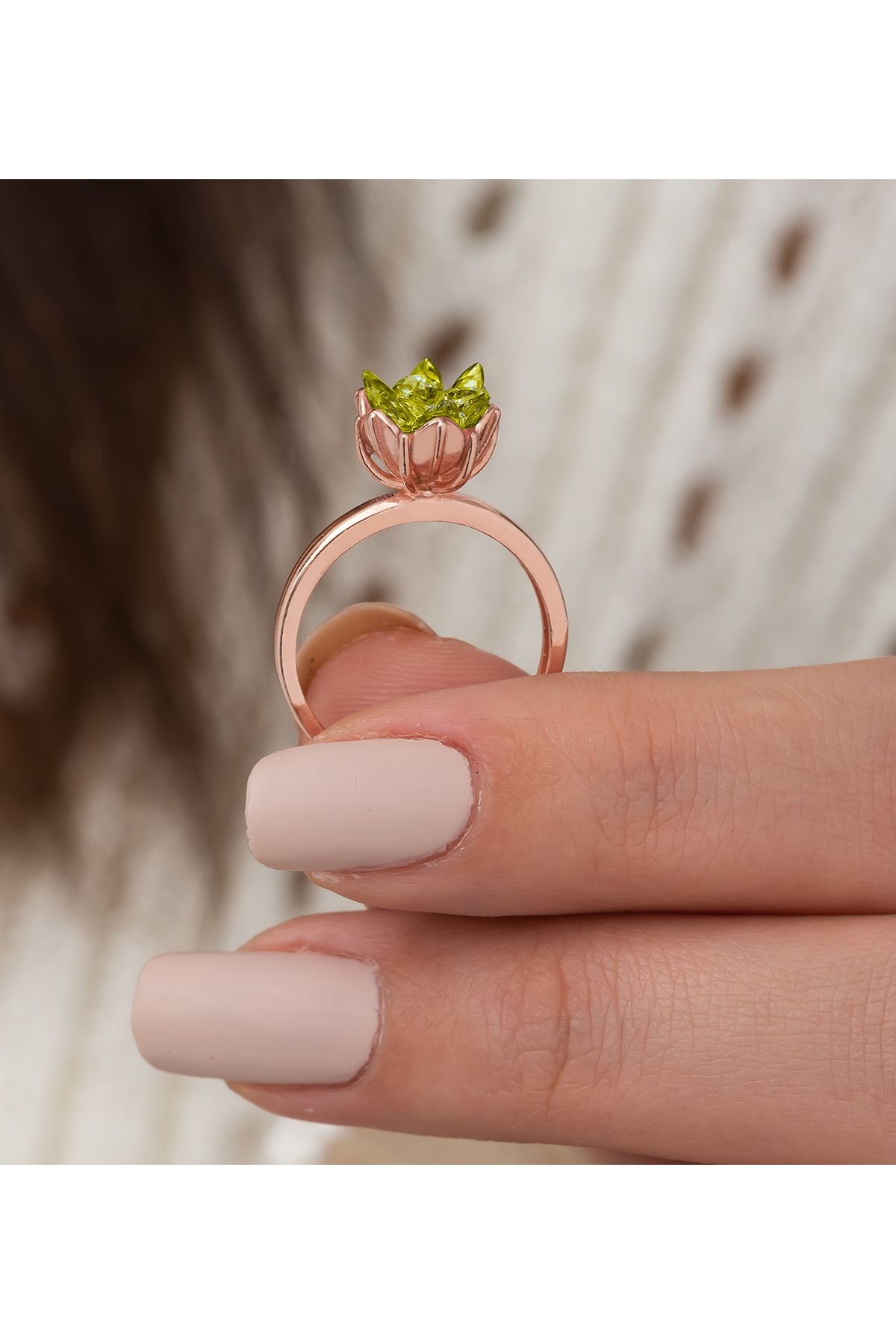 925 Ayar Gümüş Rose Kaplama Ayarlanabilir Olive Lotus Çiçeği Yüzük