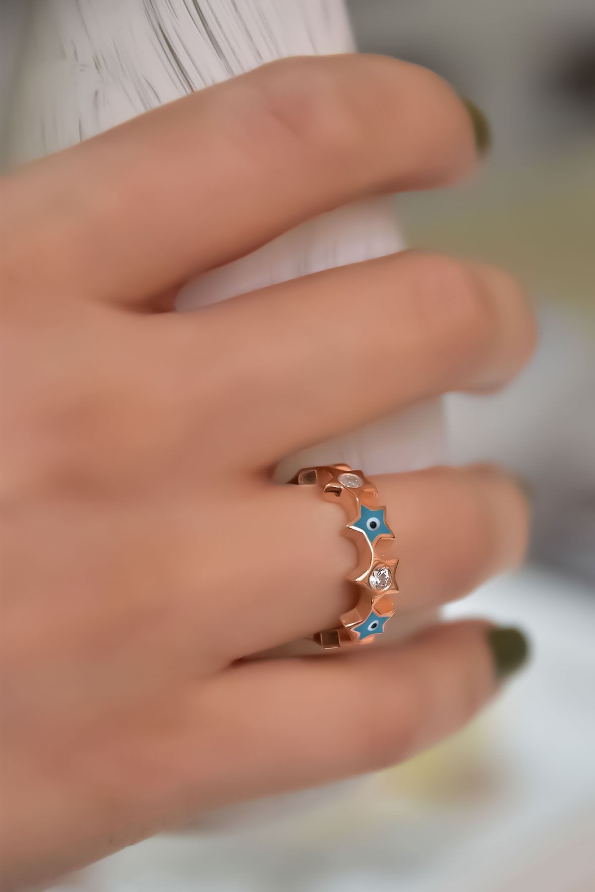 925 Ayar Gümüş Rose Kaplama Ayarlanabilir Zirkon Taşlı Renkli Firuze Nazar Mineli Yıldız Yüzük