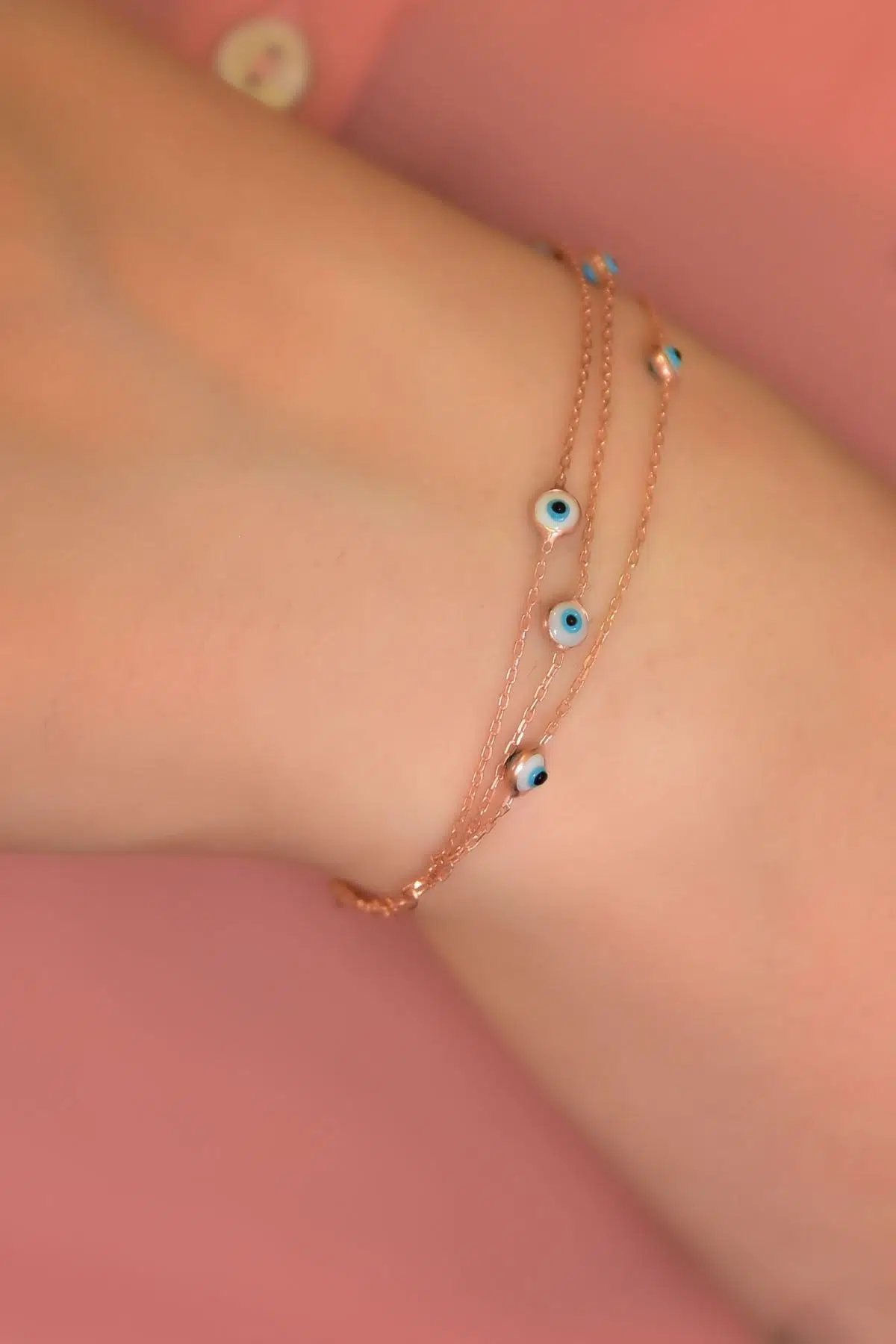 925 Ayar Gümüş Rose Kaplama Beyaz Camgöz Üç Zincir Bileklik