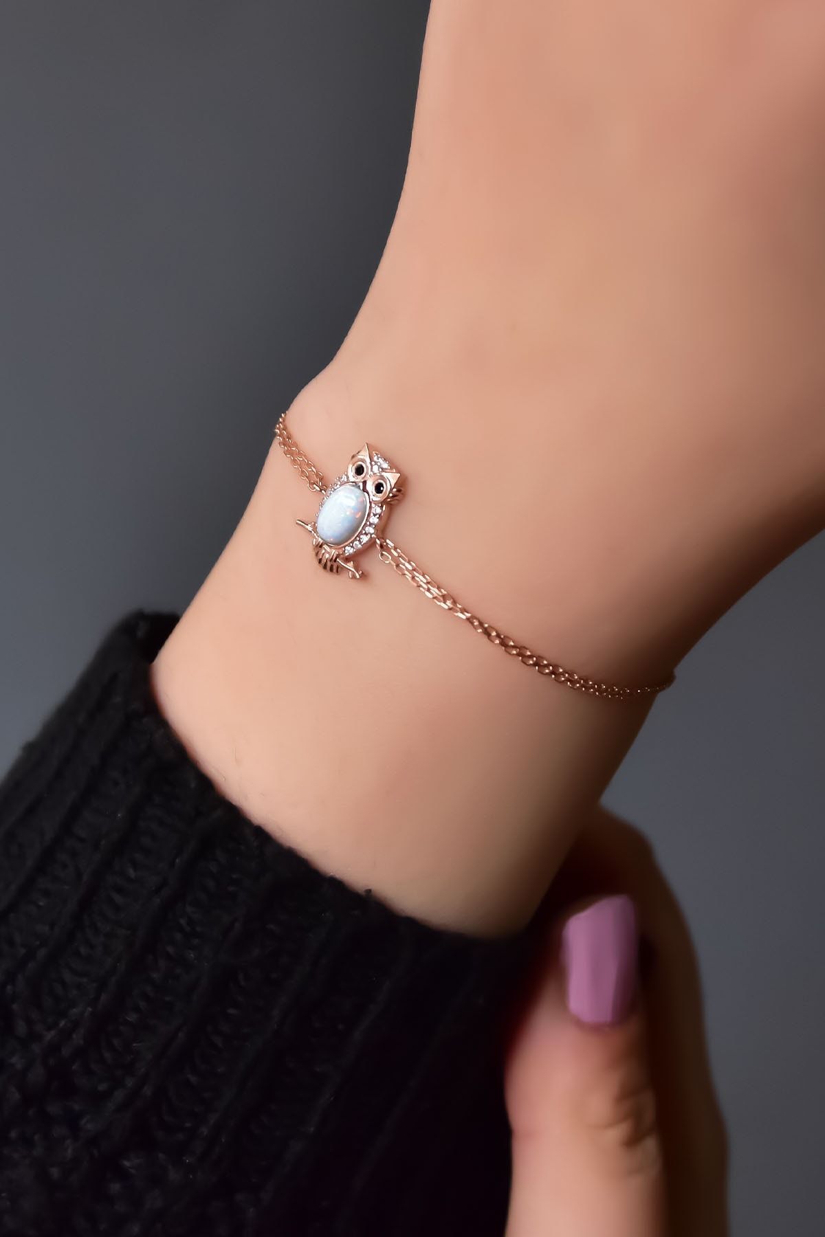 925 Ayar Gümüş Rose Kaplama Beyaz Opal Baykuş Bileklik
