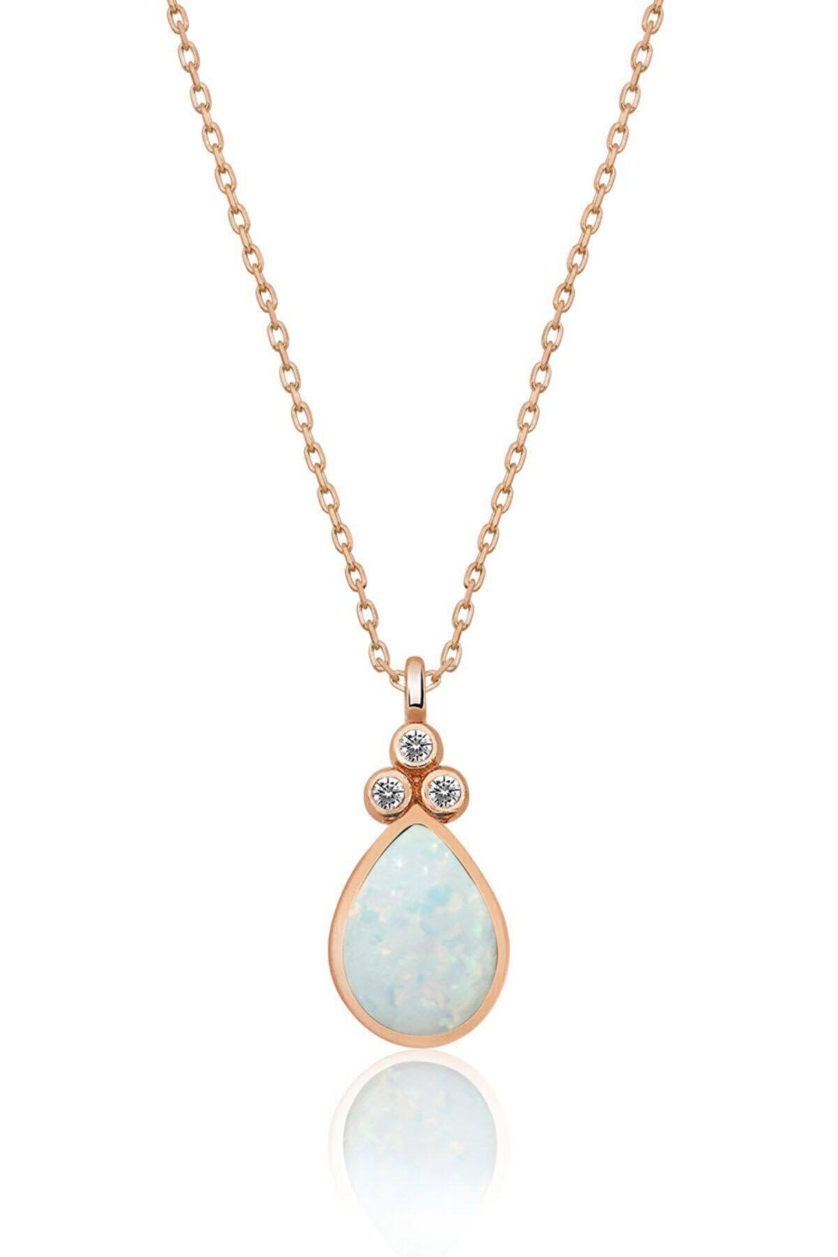 925 Ayar Gümüş Rose Kaplama Beyaz Opal Taşlı Damla Kolye