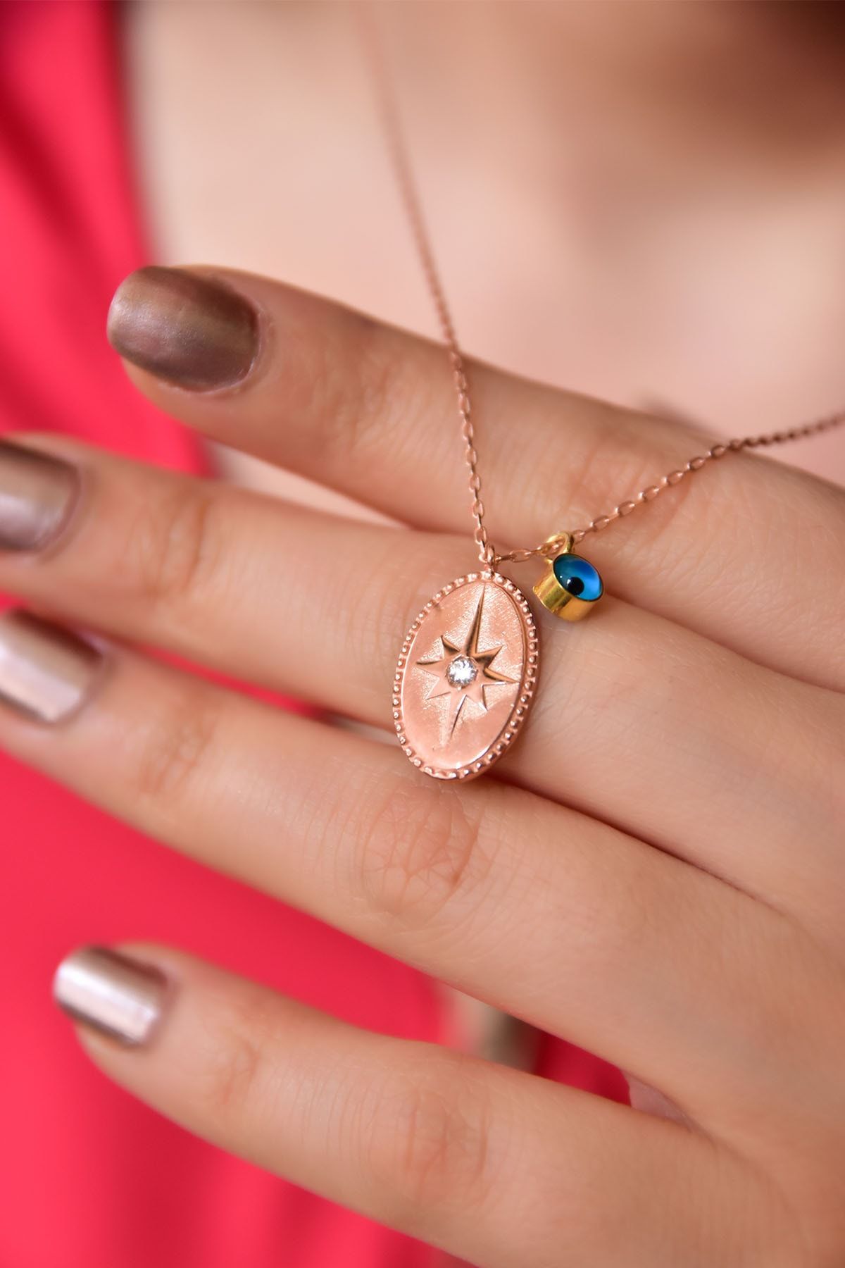 925 Ayar Gümüş Rose Kaplama Cam Gözlü Tektaşlı Oval Kutup Kolye