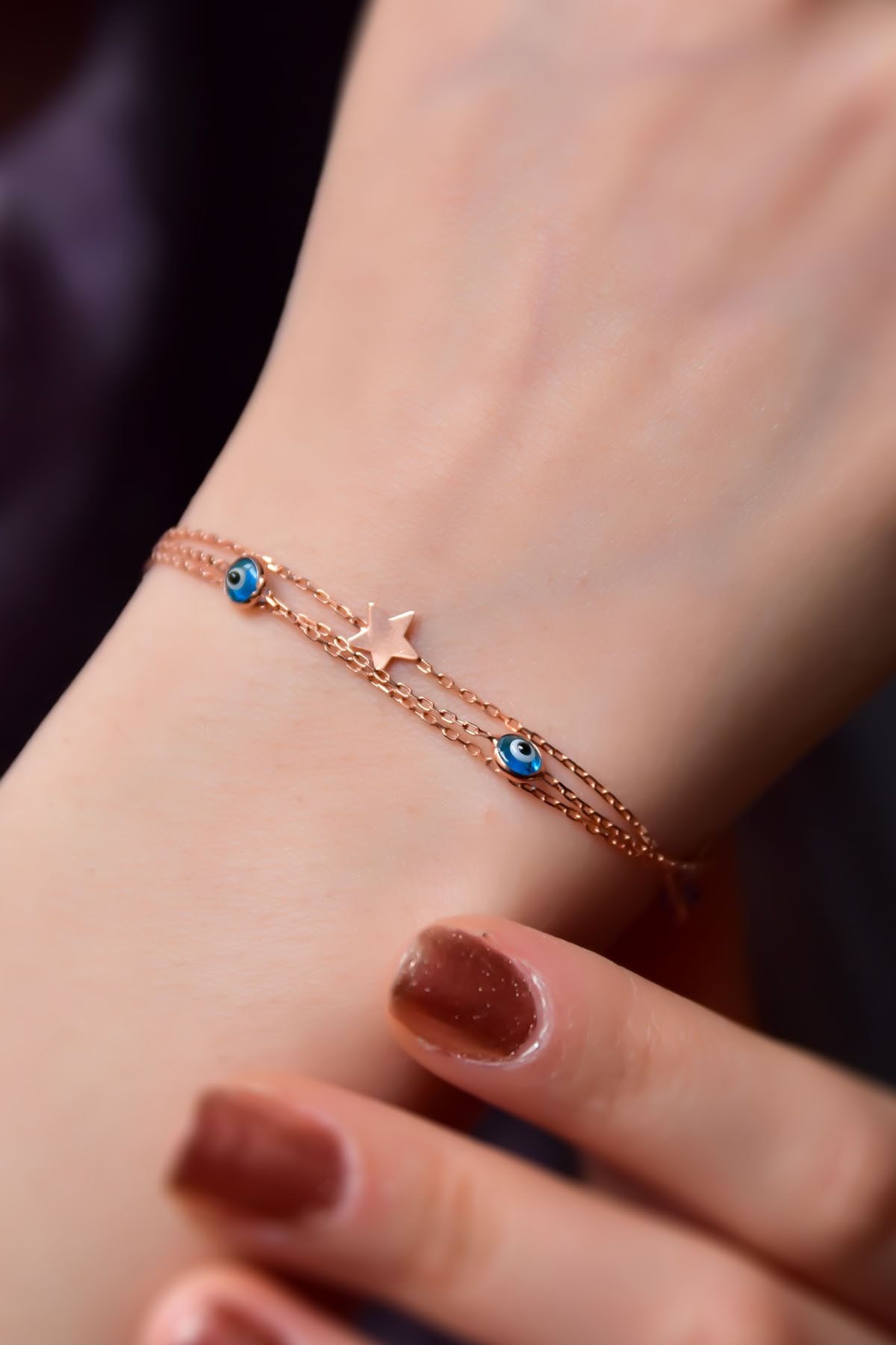 925 Ayar Gümüş Rose Kaplama Cam Nazar Göz Yıldızı Model Üç Zincir Bileklik