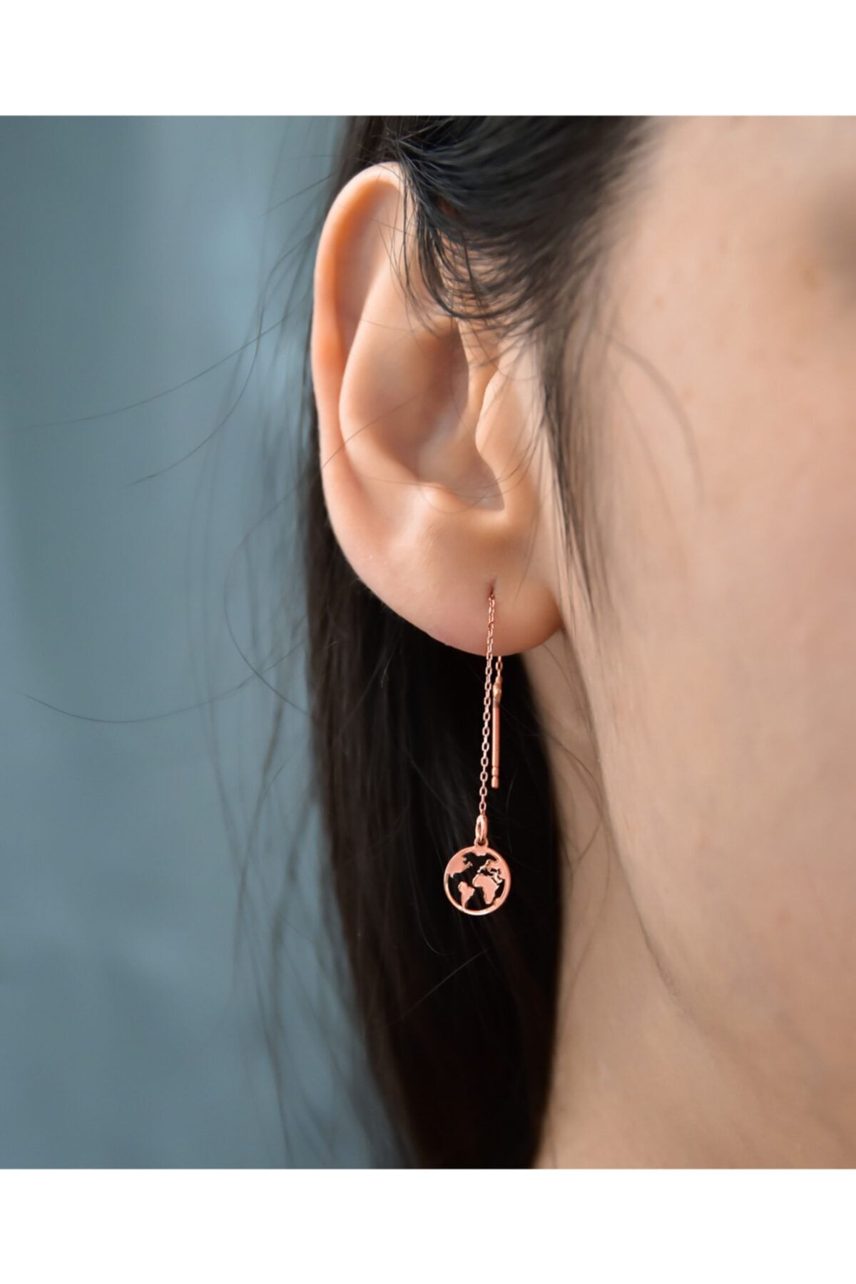 925 Ayar Gümüş Rose Kaplama Çift Dünya Zincir Kadın Küpe