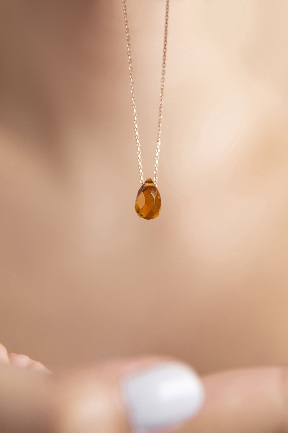 925 Ayar Gümüş Rose Kaplama Damla Faset Kesim Turuncu Doğal Taş Kolye