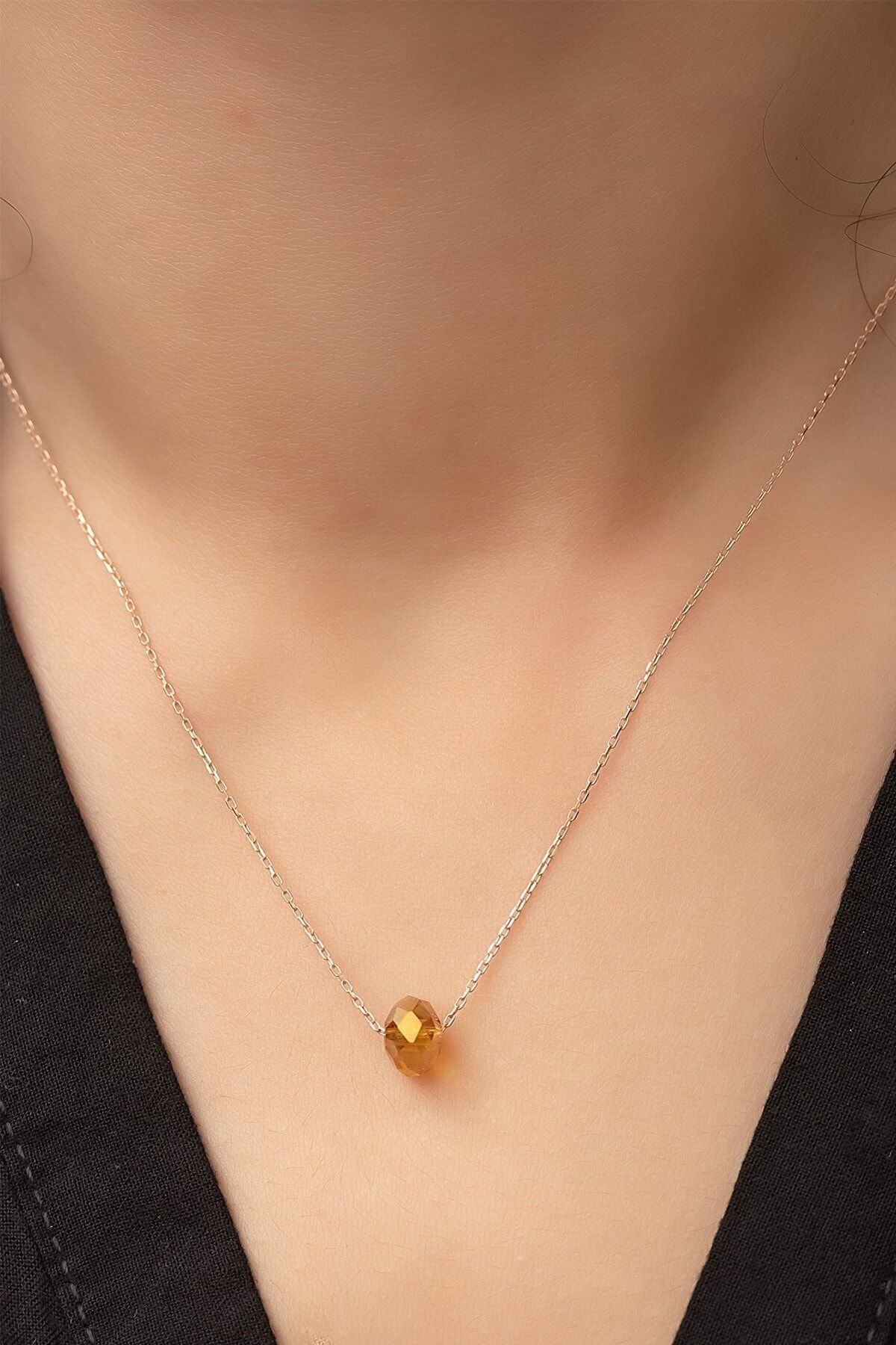 925 Ayar Gümüş Rose Kaplama Doğal Taş Fasetli Yüzey Yuvarlak Bal Rengi Kolye Zincir