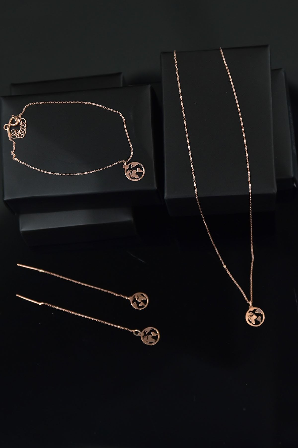 925 Ayar Gümüş Rose Kaplama Dünya Kolye Küpe Bileklik Set