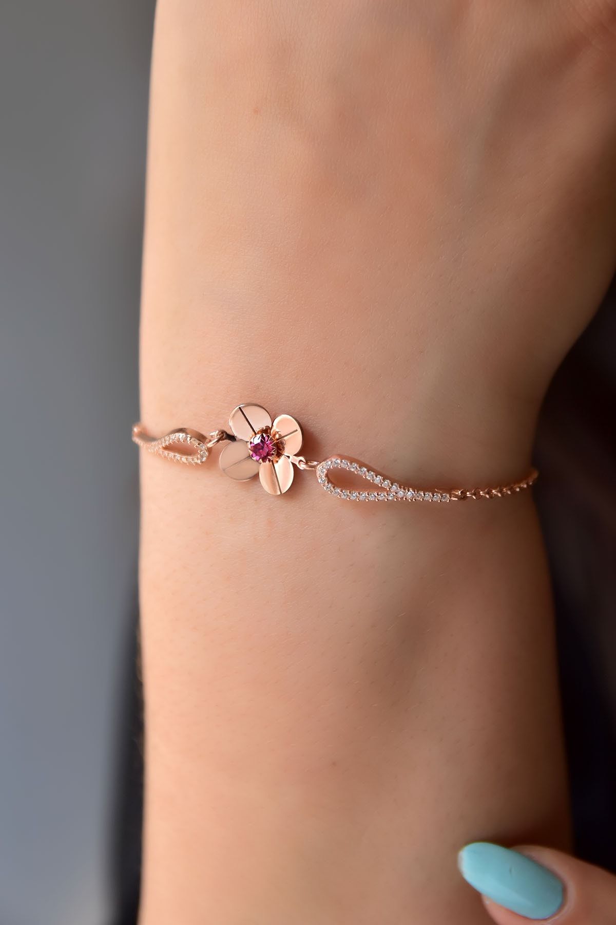 925 Ayar Gümüş Rose Kaplama Ekim Ayı Doğum Taşlı Şans Dört Yapraklı Yonca Bileklik