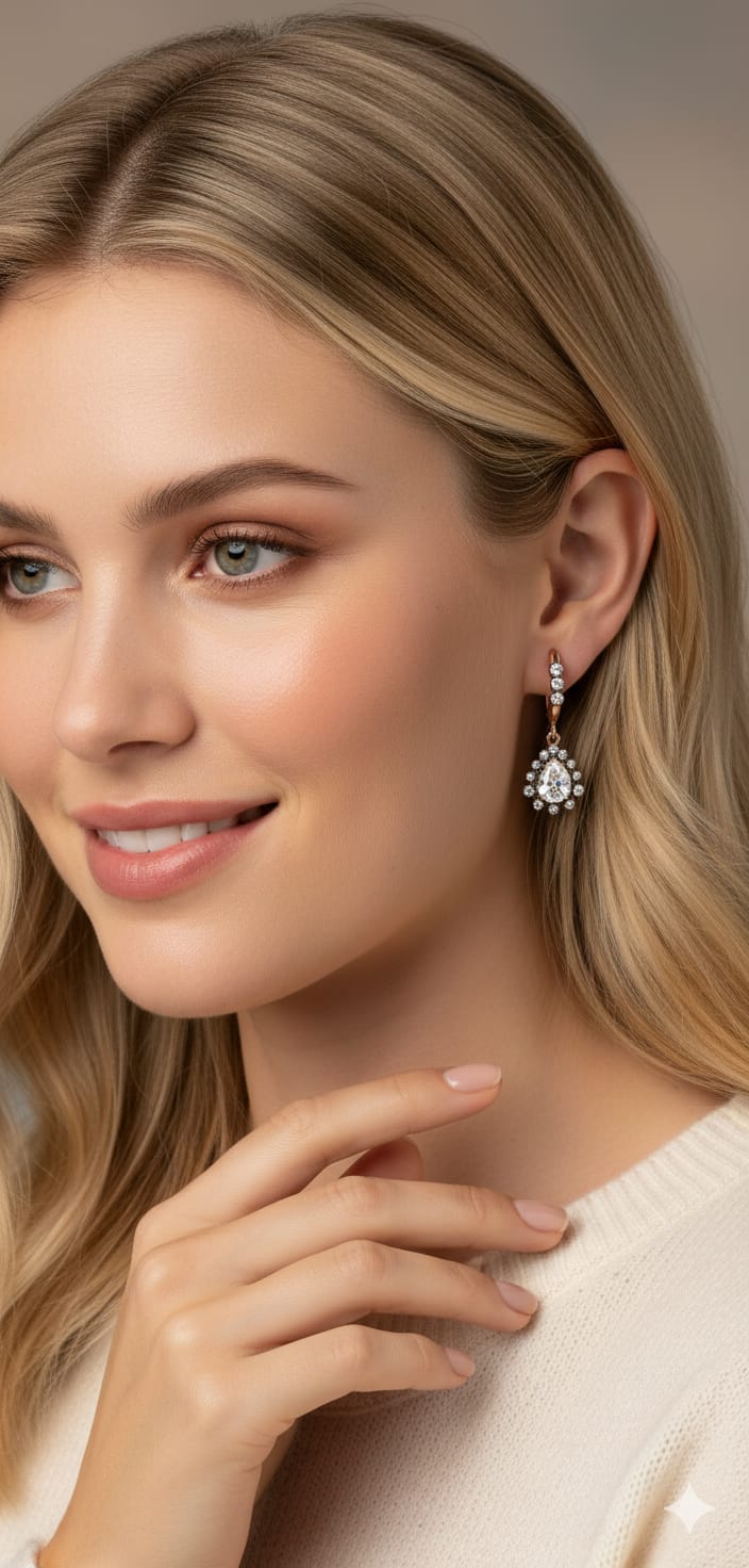 925 Ayar Gümüş Rose Kaplama Elmas Montür Damla Taşlı Küpe