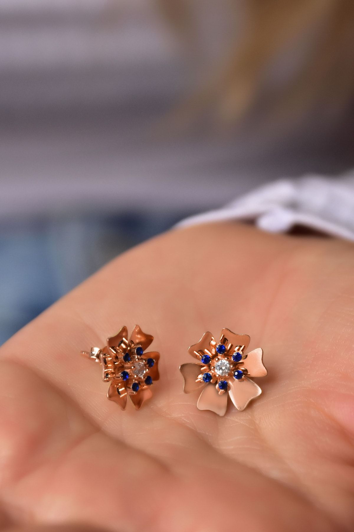 925 Ayar Gümüş Rose Kaplama Eylül Ayı Doğum Taşı Tohumlu Linum Çiçeği Küpe