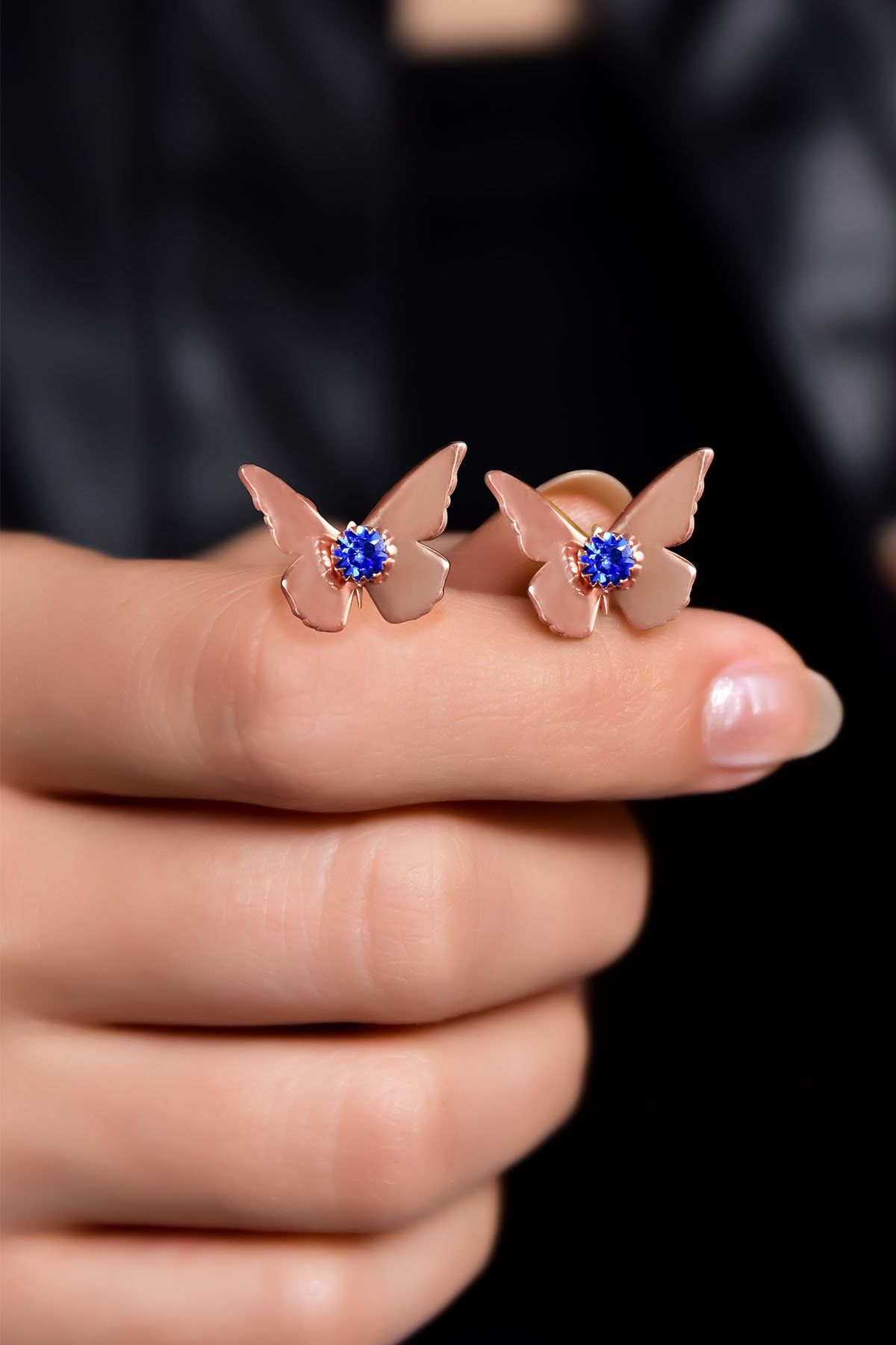 925 Ayar Gümüş Rose Kaplama Eylül Ayı Doğum Taşlı Kelebek Küpe