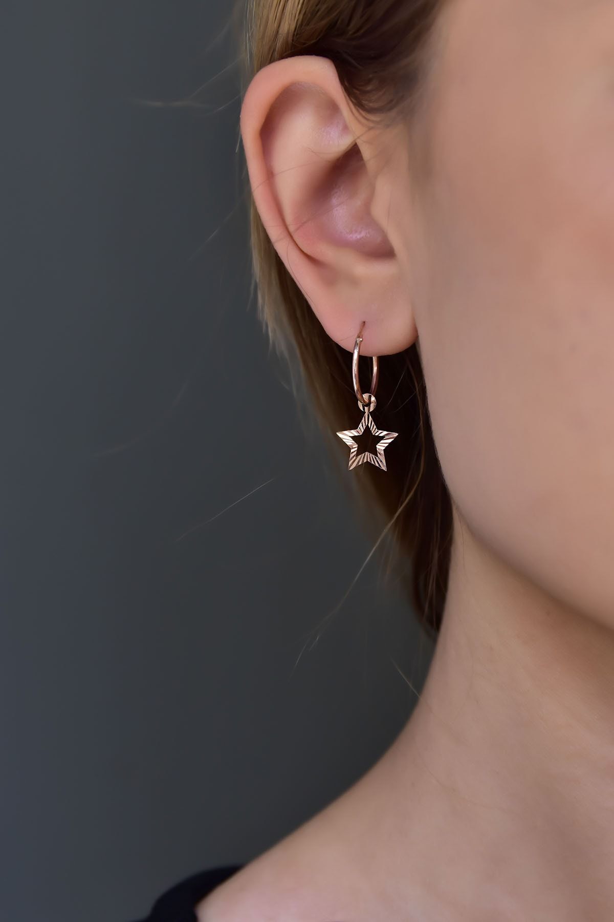 925 Ayar Gümüş Rose Kaplama Fırfırlı Yıldız Halka Ve Top Küpe