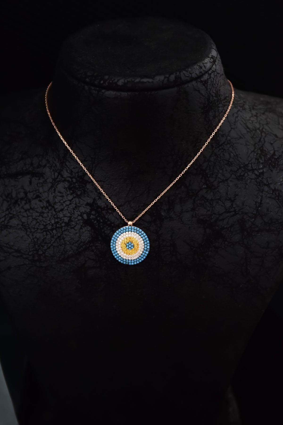 925 Ayar Gümüş Rose Kaplama Firuze Zirkon Taşlı Nazar Boncuğu Kolye