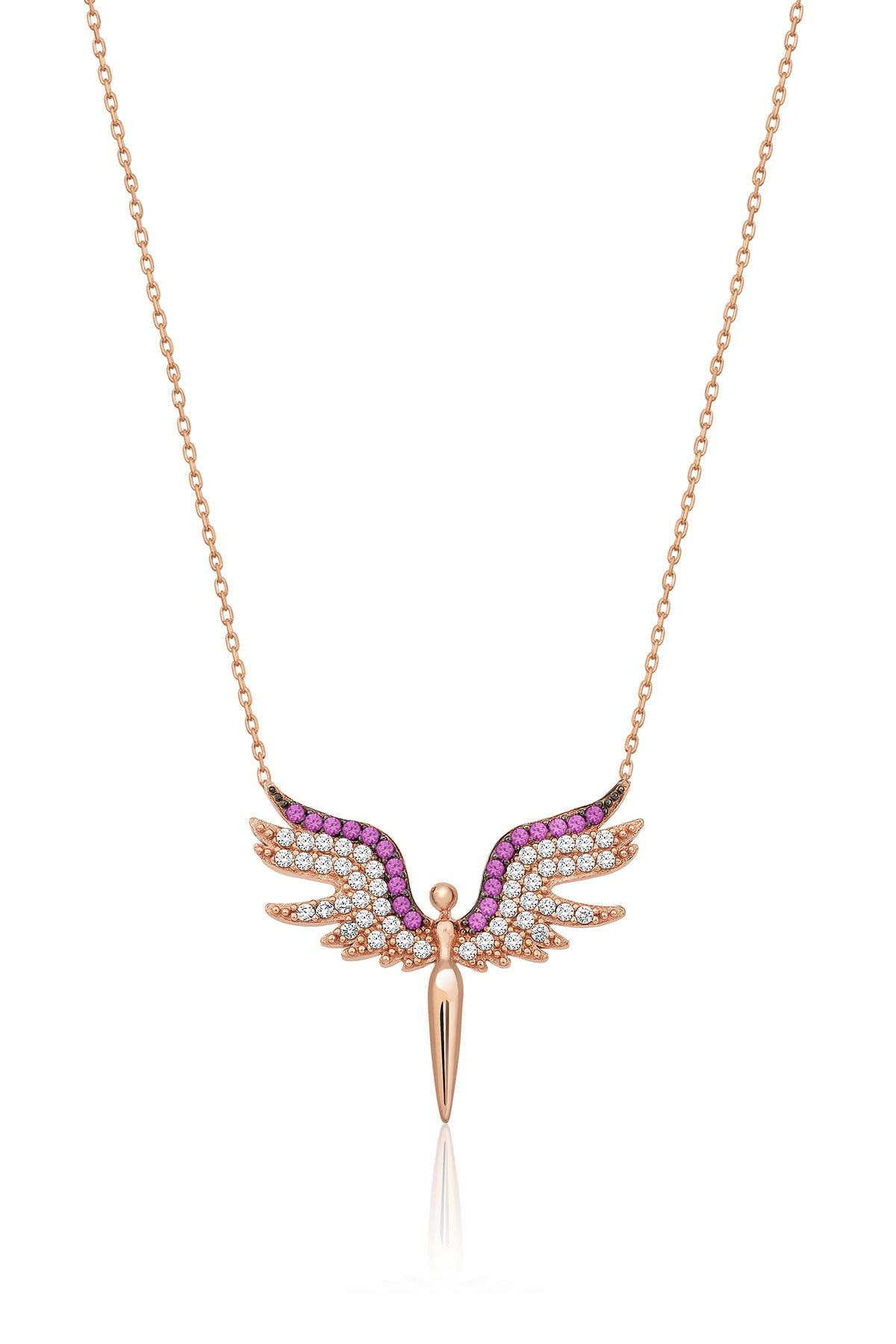 925 Ayar Gümüş Rose Kaplama Fuşya Zirkon Taşlı Mikail Meleği Kolye