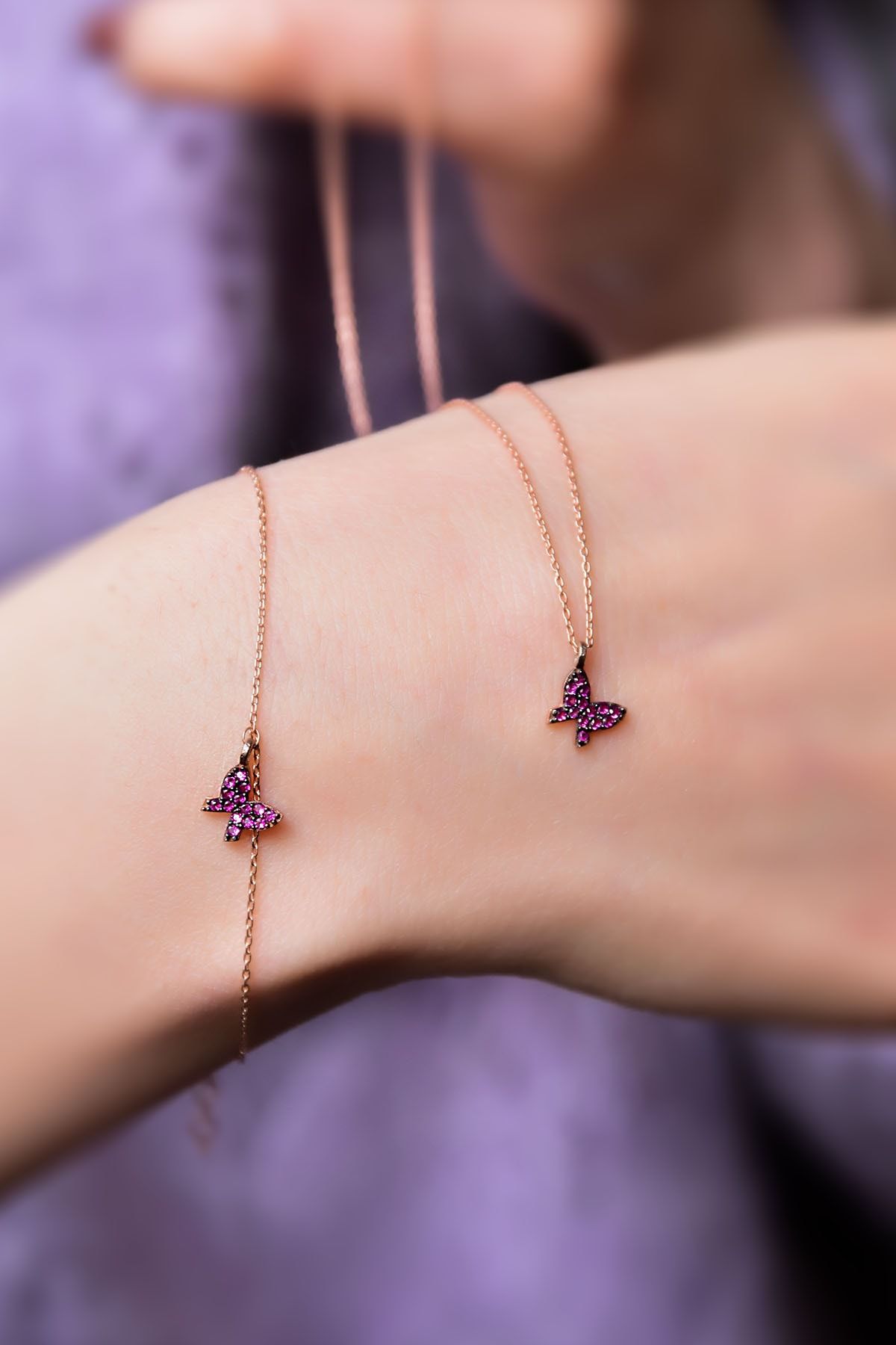 925 Ayar Gümüş Rose Kaplama Fuşya Zirkon Taşlı Mini Kelebek Kolye Ve Bileklik Set