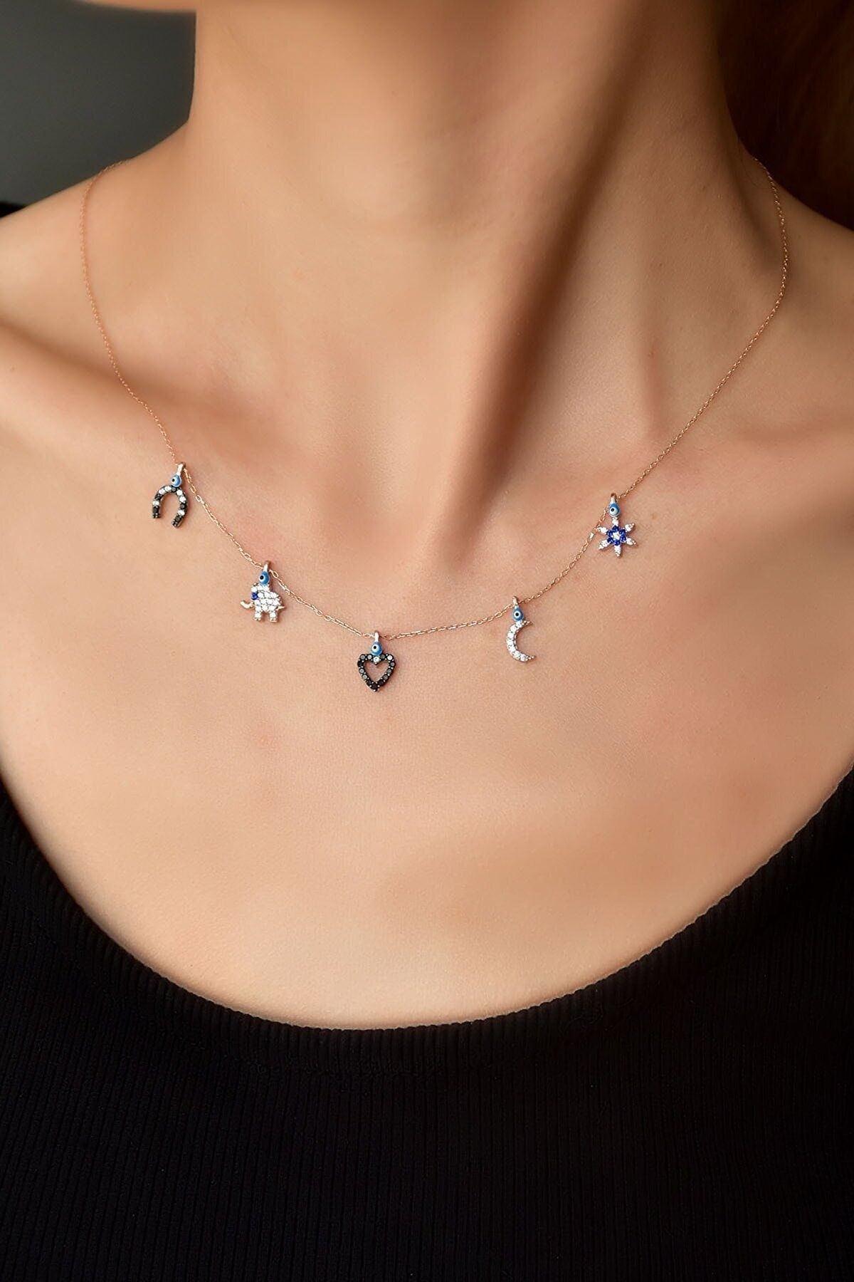 925 Ayar Gümüş Rose Kaplama Göz Mineli Zirkon Taşlı Şans Kolye