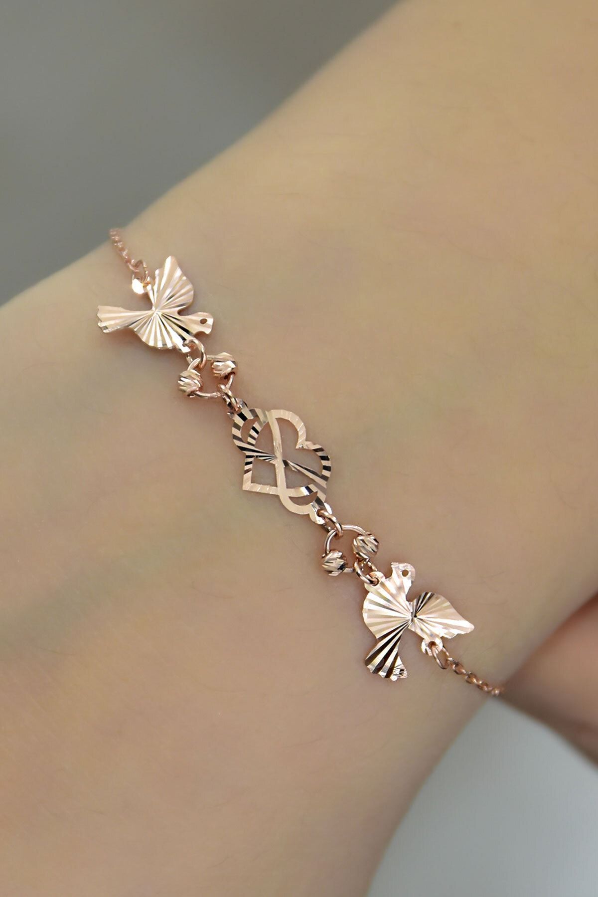 925 Ayar Gümüş Rose Kaplama Güvercin Kristal Kesim Bileklik