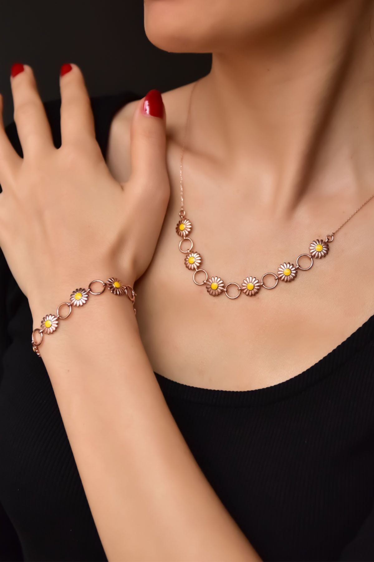 925 Ayar Gümüş Rose Kaplama Halka Mineli Papatya Kolye Ve Bileklik Set