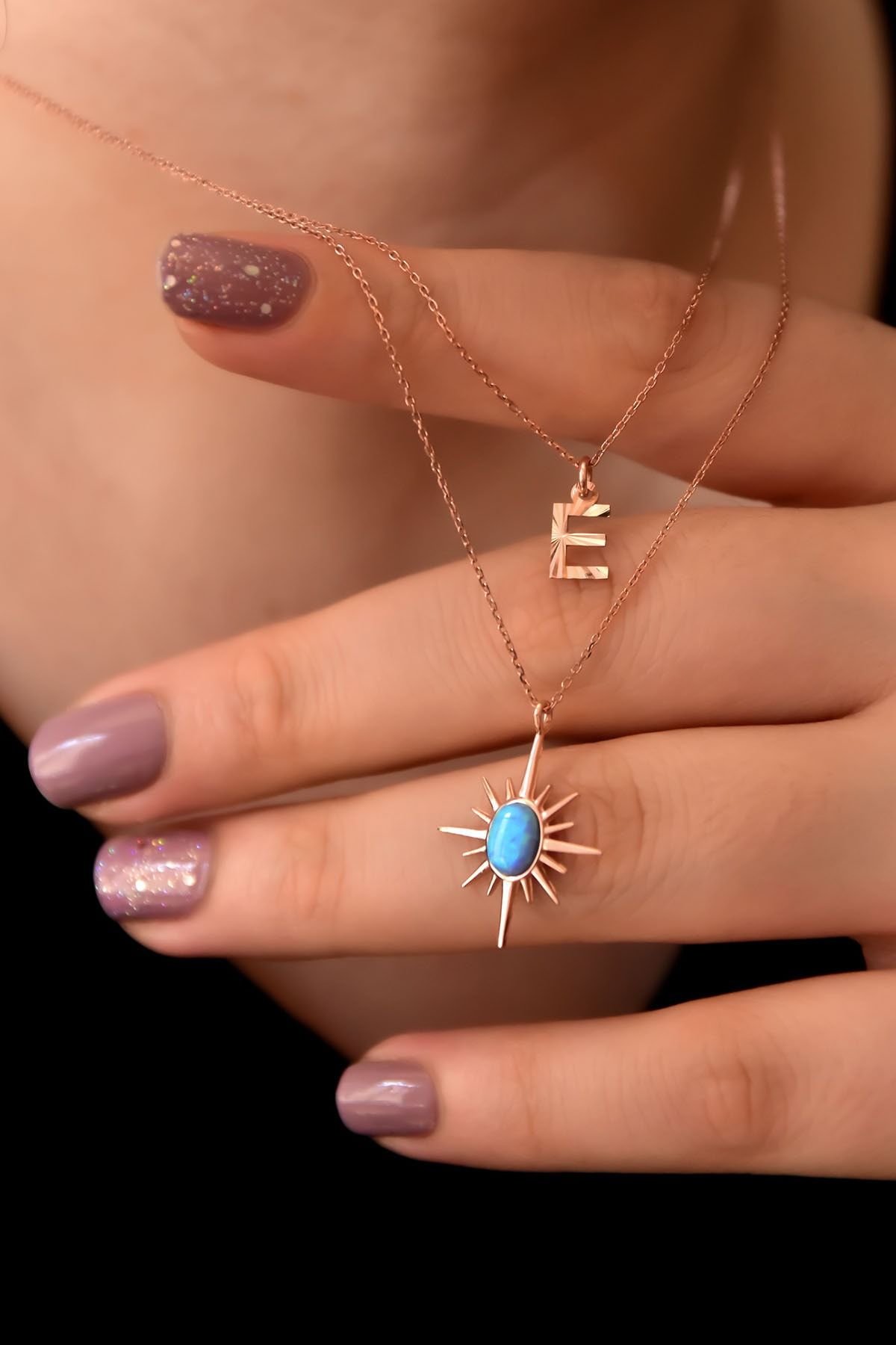 925 Ayar Gümüş Rose Kaplama Harf Ve Opal Taşlı Kutup Yıldızı Asansör Kolye