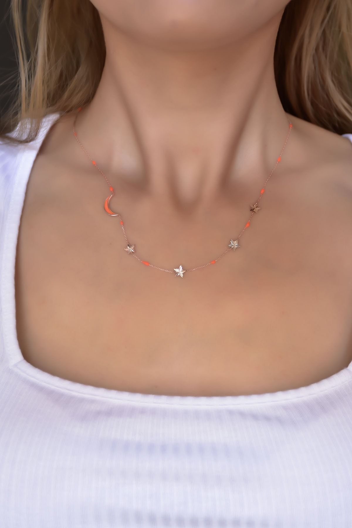 925 Ayar Gümüş Rose Kaplama Hilal Mineli Yıldız Kadın Kolye