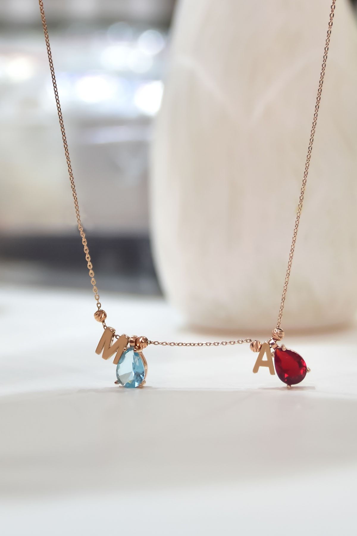 925 Ayar Gümüş Rose Kaplama Ikili Damla Doğum Ayı Dorika Toplu , Harfli Kolye