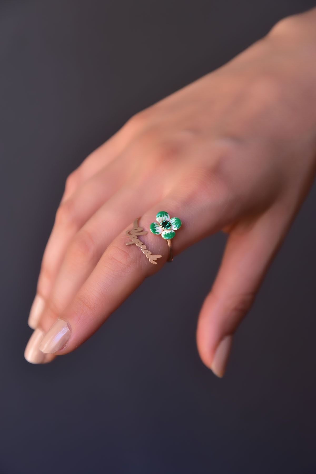 925 Ayar Gümüş Rose Kaplama Isimli Doğum Taşı Yonca Yüzük