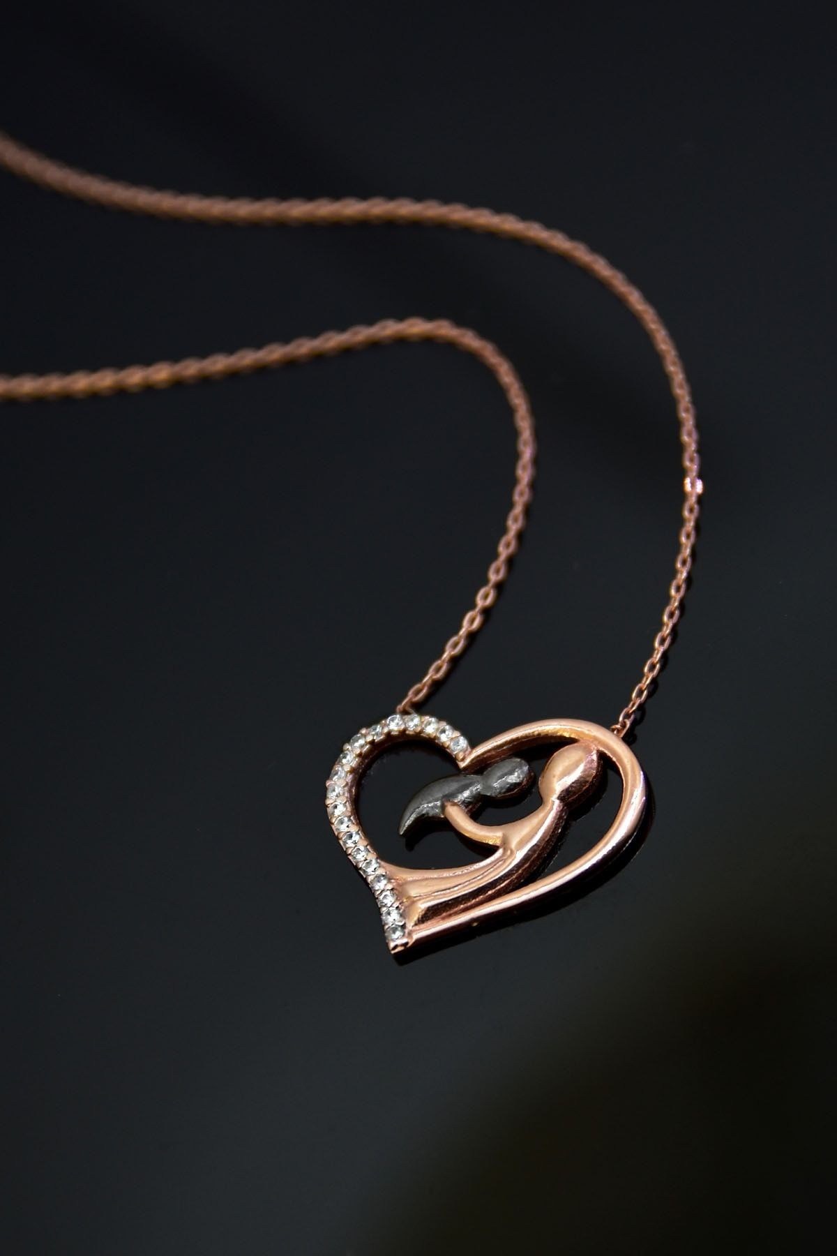 925 Ayar Gümüş Rose Kaplama Kalpli Anne Çocuk Kadın Kolye