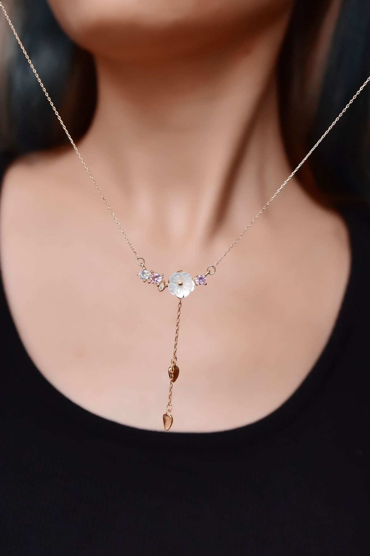 925 Ayar Gümüş Rose Kaplama Kardelen Çiçeği Kolye