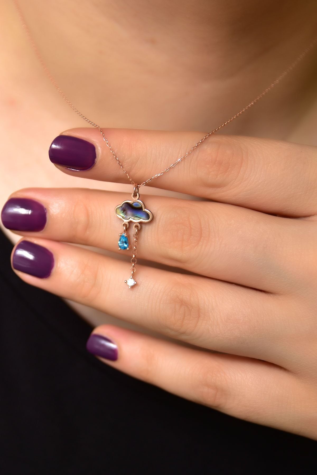 925 Ayar Gümüş Rose Kaplama Karışık Renk Desenli Sedef Yağmur Bulut Kolye