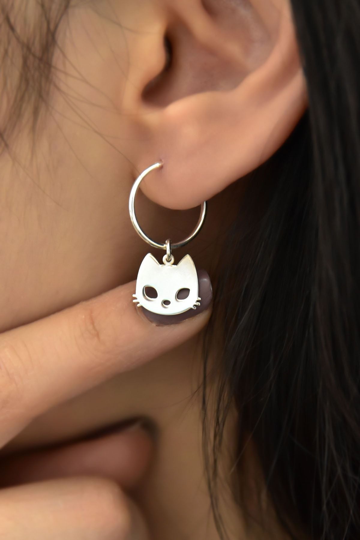 925 Ayar Gümüş Rose Kaplama Kedi Figürlü Halka Ve Top Küpe