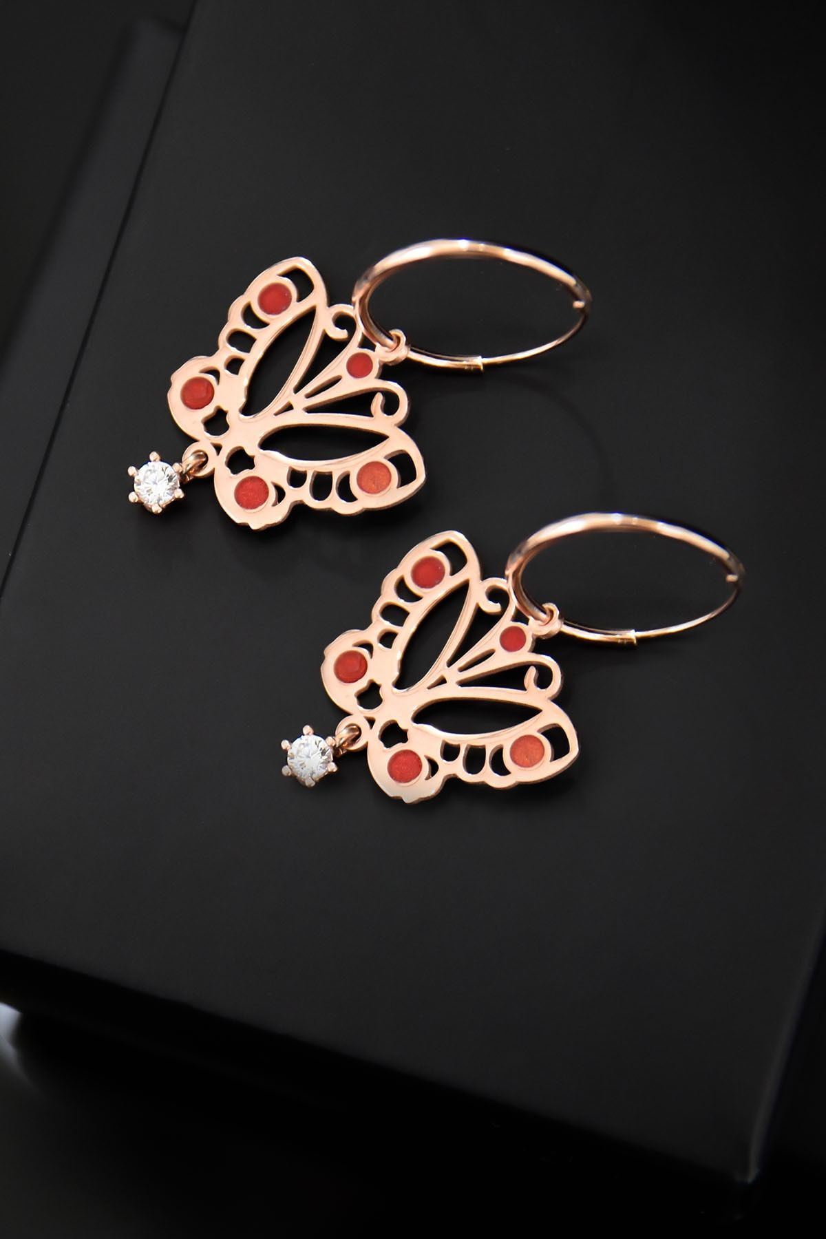 925 Ayar Gümüş Rose Kaplama Kelebek Halka Küpe