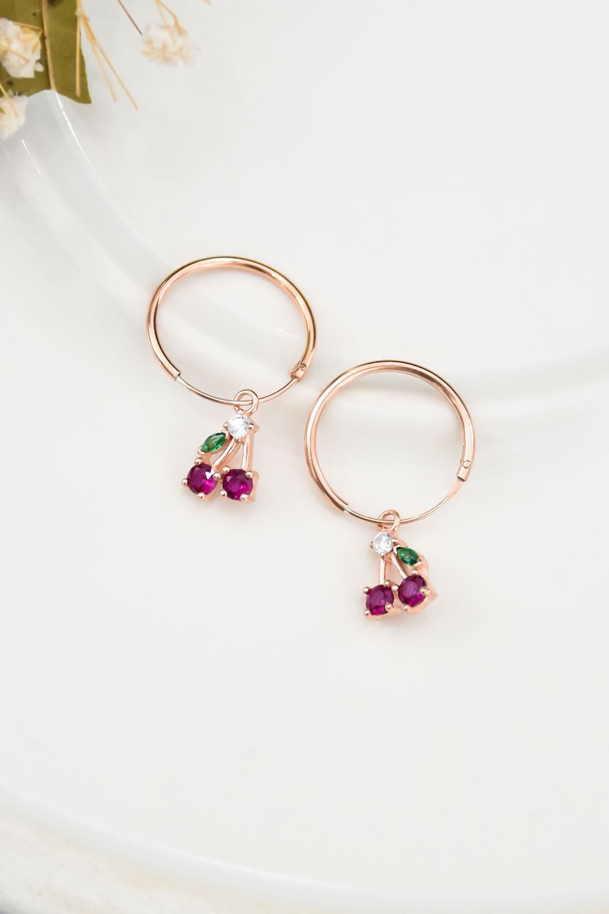 925 Ayar Gümüş Rose Kaplama Kiraz Halka Küpe